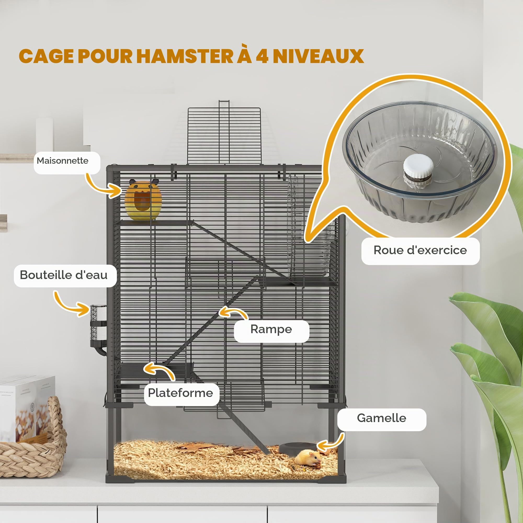 PawHut Cage Hamster Fond Verre trempé 23cm pour Rats 60x40x80cm