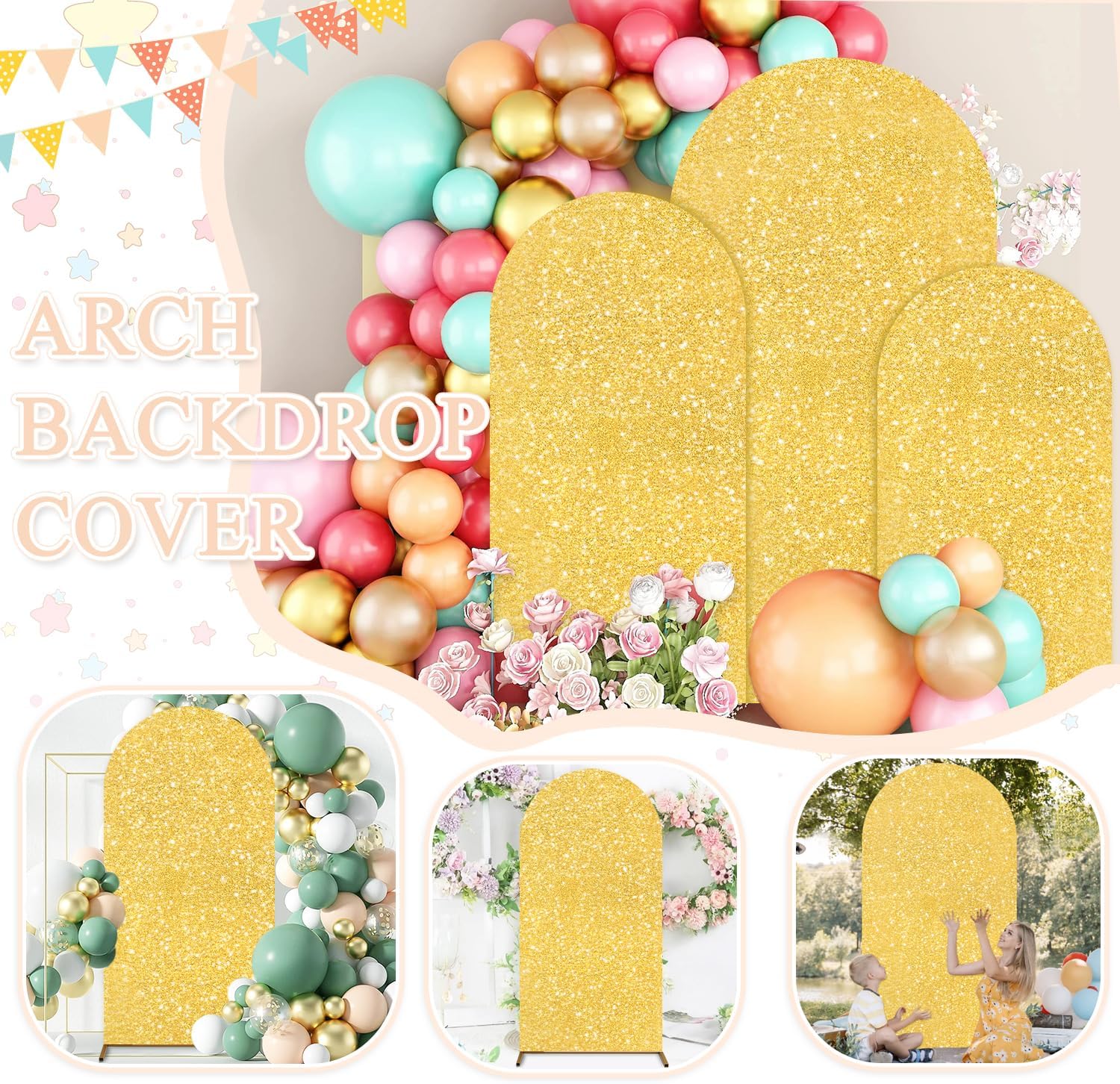 Set of 2 Arch Covers 7.2 and 6FT Wedding Arch Stand Covers Stretchy Backdrop Spandex Arch Backdrop Cover Gold Glitter Sequin Backdrops for Birthday Party Balloon Decor Outdoor Indoor image 5