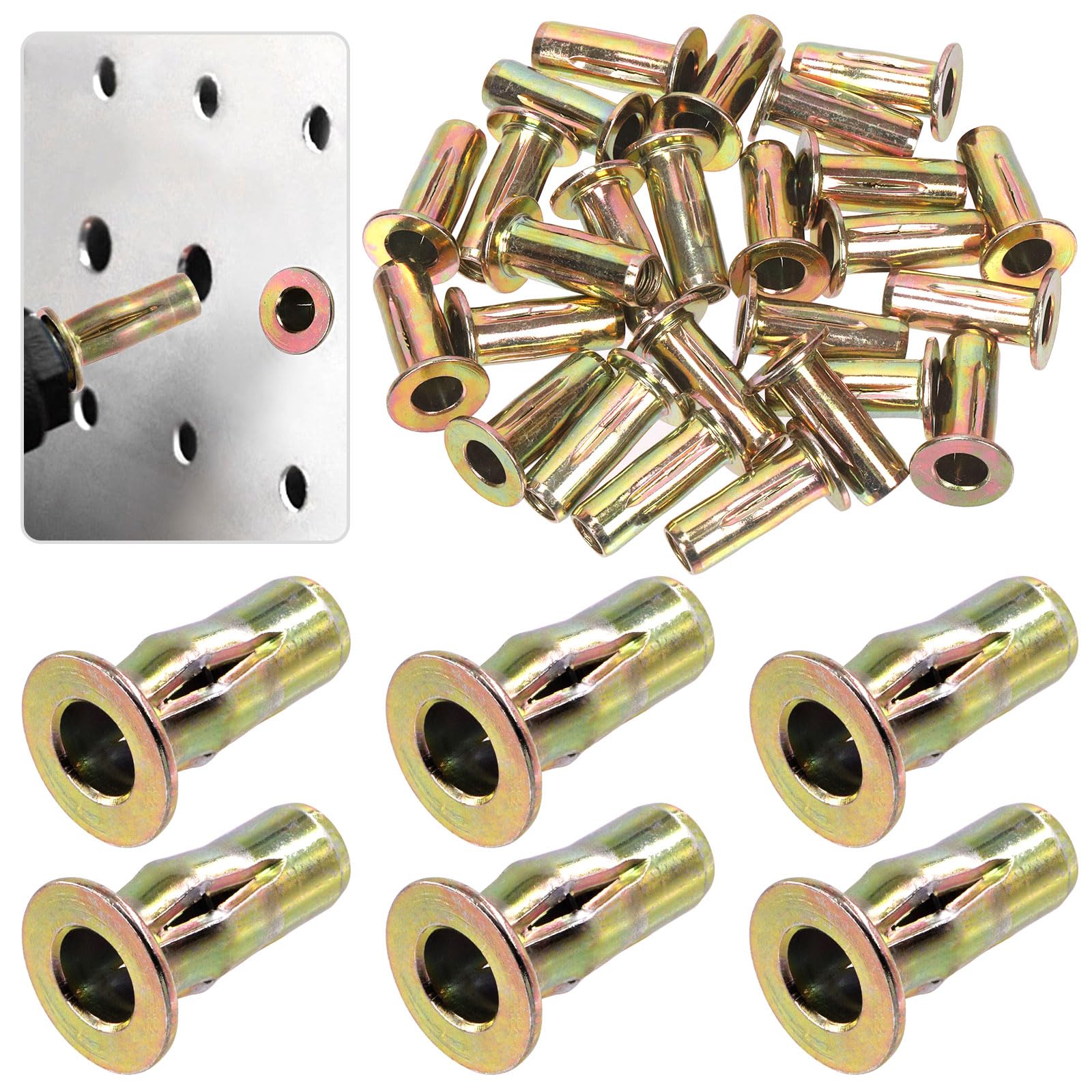 Tanstic 34Pcs Multi-Grip Rivet-Nut Kit, Zinc-Plated Steel Pre-Bulbed Shank Threaded Insert Flat Head Insert Nut (M8)