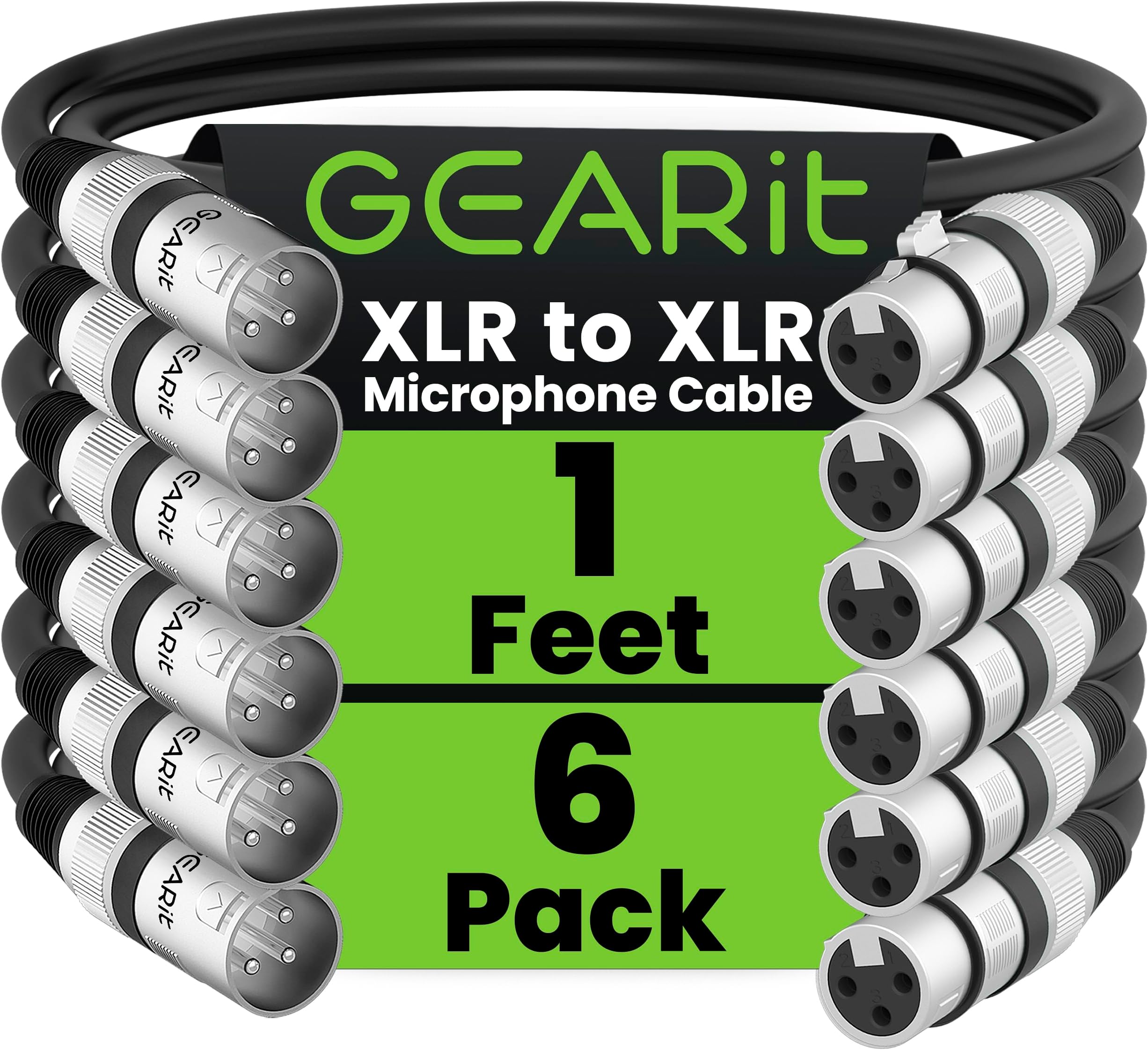 GearIT XLR Microphone Cable (1 Feet, 6 Pack) - Male to Female 3-Pin Balanced Shielded Cable for Mic Mixer, Recording Studio, Podcast - Black