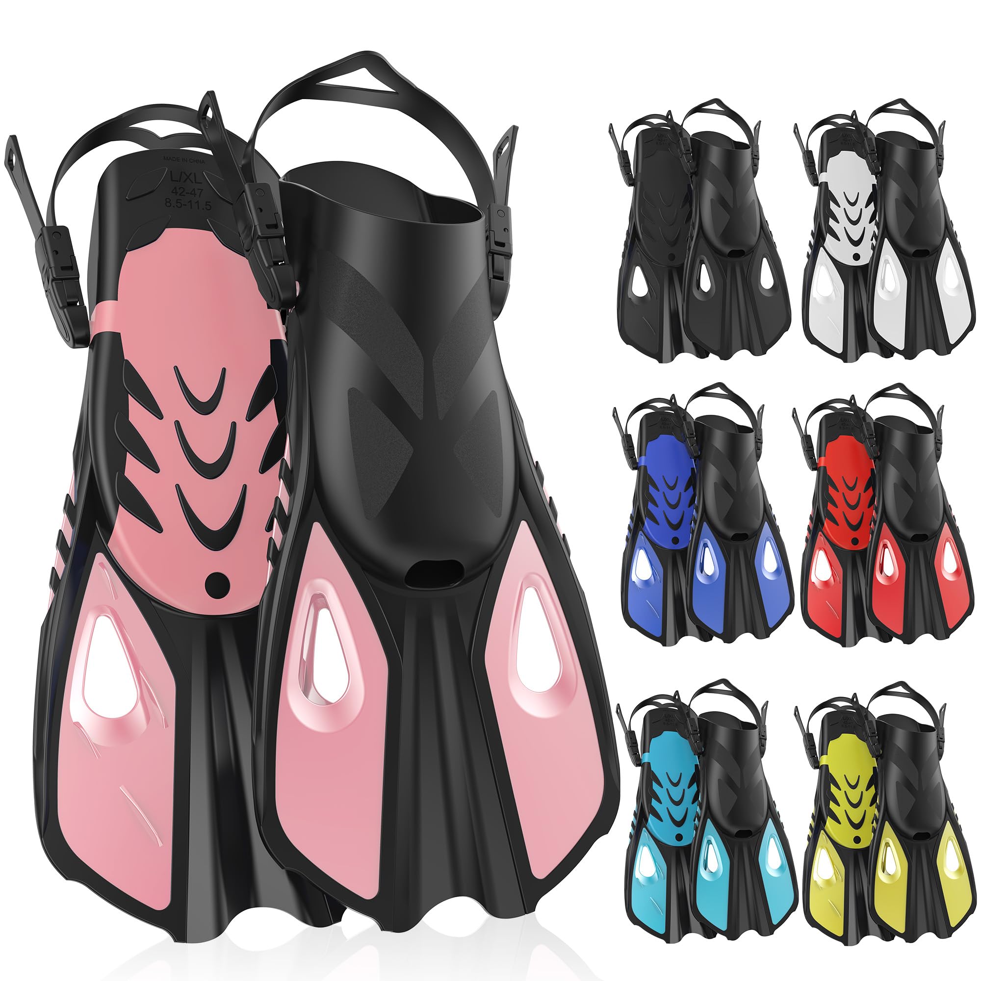 MELUMILU Snorkel Fins, Swim Fins Travel Size Short Adjustable for Snorkeling Diving Adult Men Women Open Heel Swimming Flippers: Pink S/M (US Men 4.5-8.5 / Women 5.5-9.5)