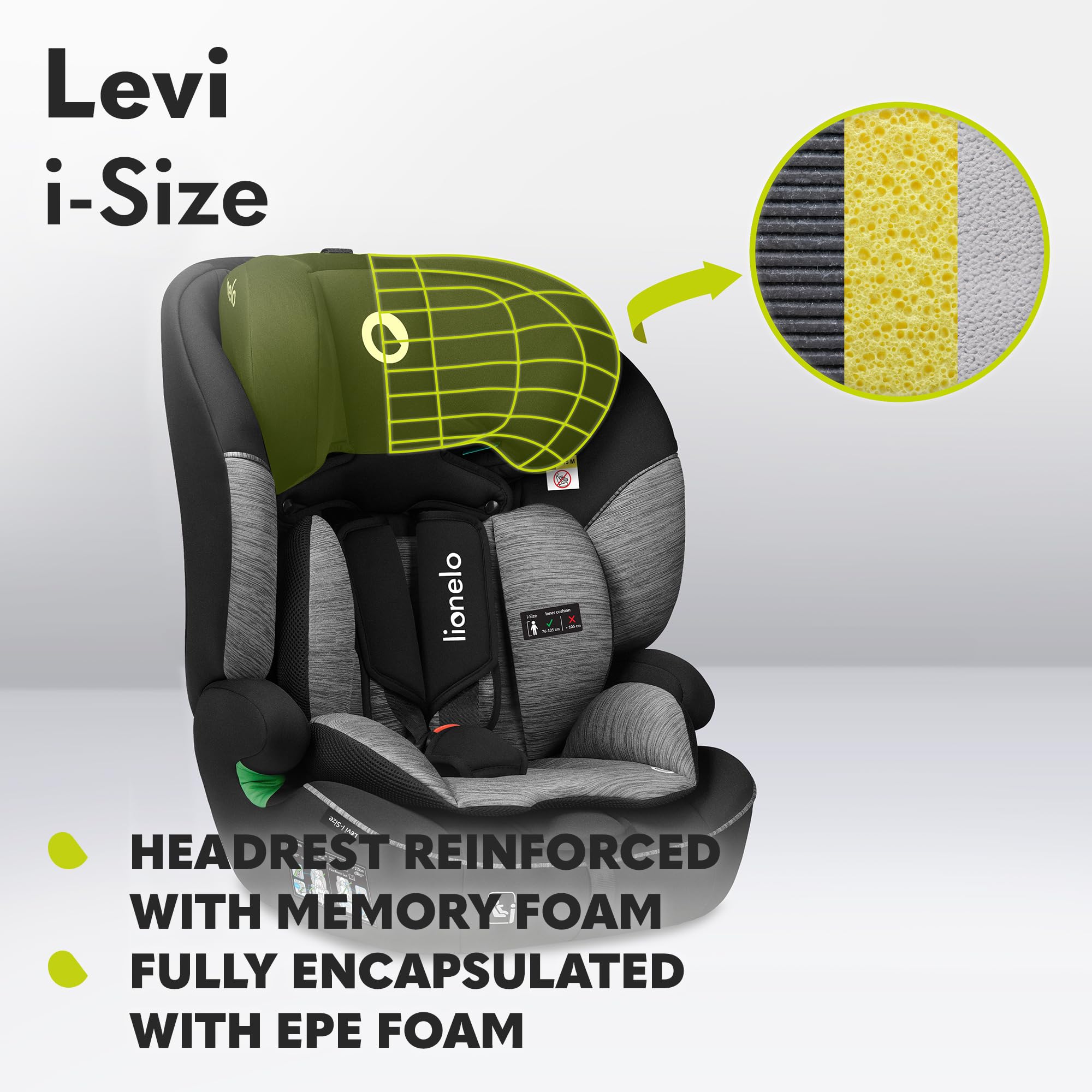 LIONELO Car Seat LEVI I-Size for baby 9-36 kg, Grows with Your Child from Infant to 12 Years Old, ‎10-Level headrest, Enhanced Side Protection, Armrests, Easy Install & Wash, Insert DriSeat, Certified — view 3