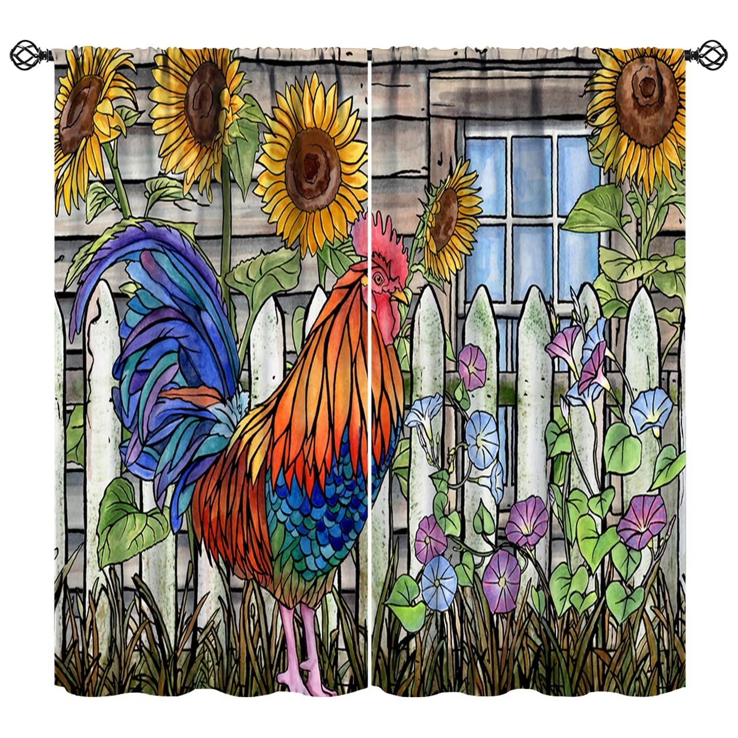 JESTRONRY Farmhouse Animal Curtain,Rustic Farm Chicken Rooster Cabin Sunflower Rustic Wooden Room Darkening Door Window Rod Pocket Curtain for Living Room Bedroom Kitchen 42x54in