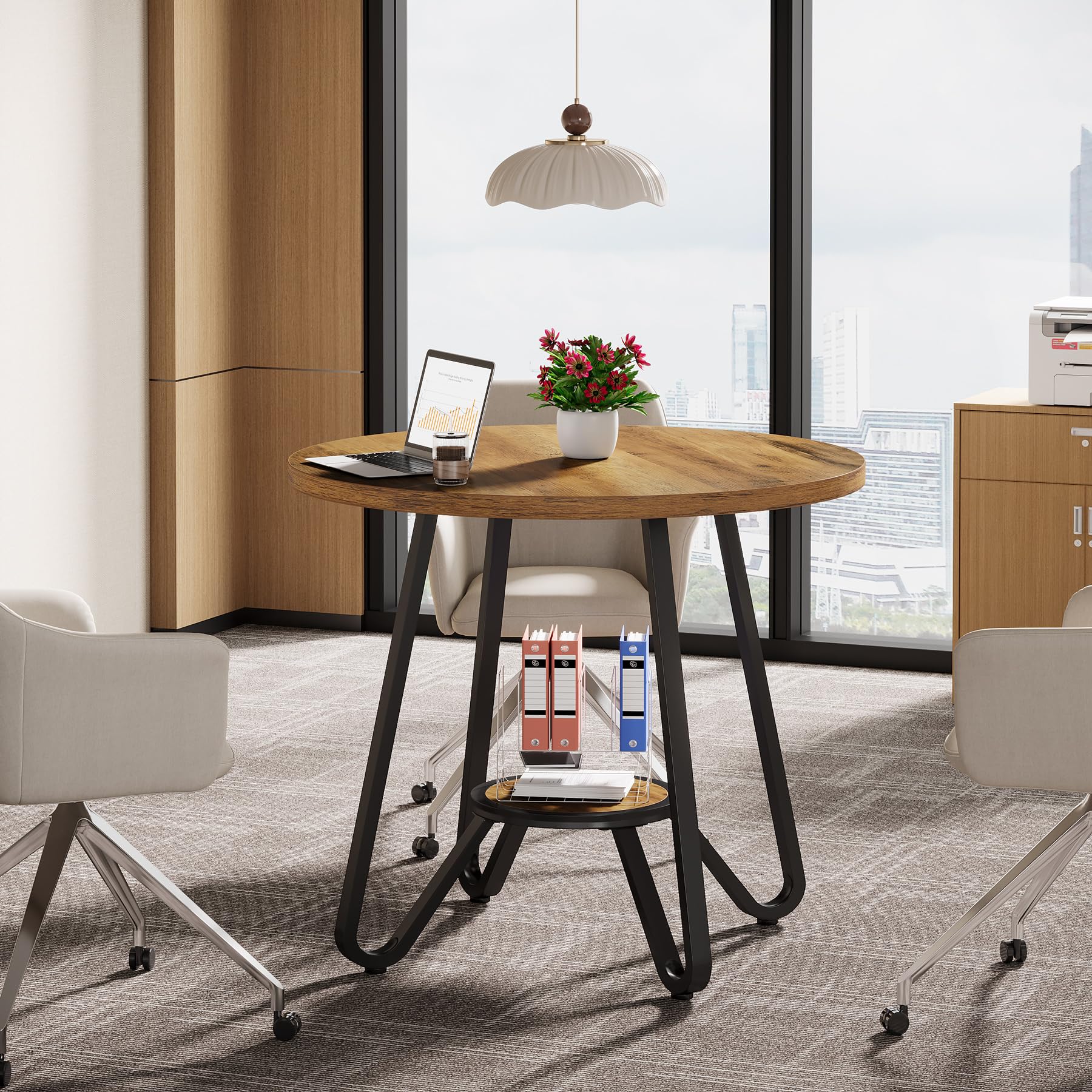 Tribesigns Runder Besprechungstisch 80×80×75 cm, Kleiner Konferenztisch für 2-4 Personen, Kompakter Holztisch für Büro und Arbeitszimmer, Braun