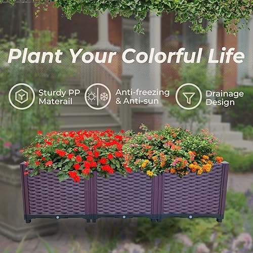 Miniatura 6 de Doppy Cajas de jardín elevadas, kit de caja de cuidado de macetas de plástico, juego de 3 macetas profundas, caja de cultivo para interior y