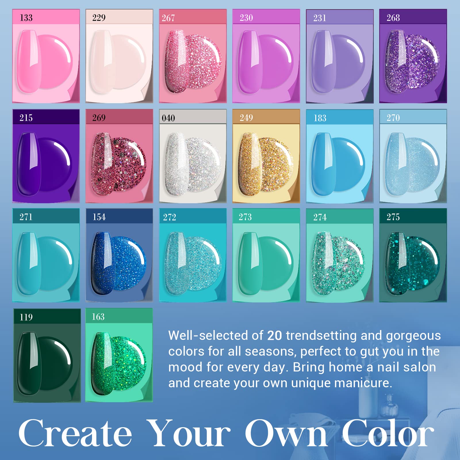 AZUREBEAUTY 31Pcs Dip Powder Nail Kit Starter 20 Colors Pastel Spring Summer Pink Acrylic Dipping Powder Set with Top/Base Coat Activator & Recycling Tray for Macaron French Manicure Salon: Ocean Blue Green Glitter