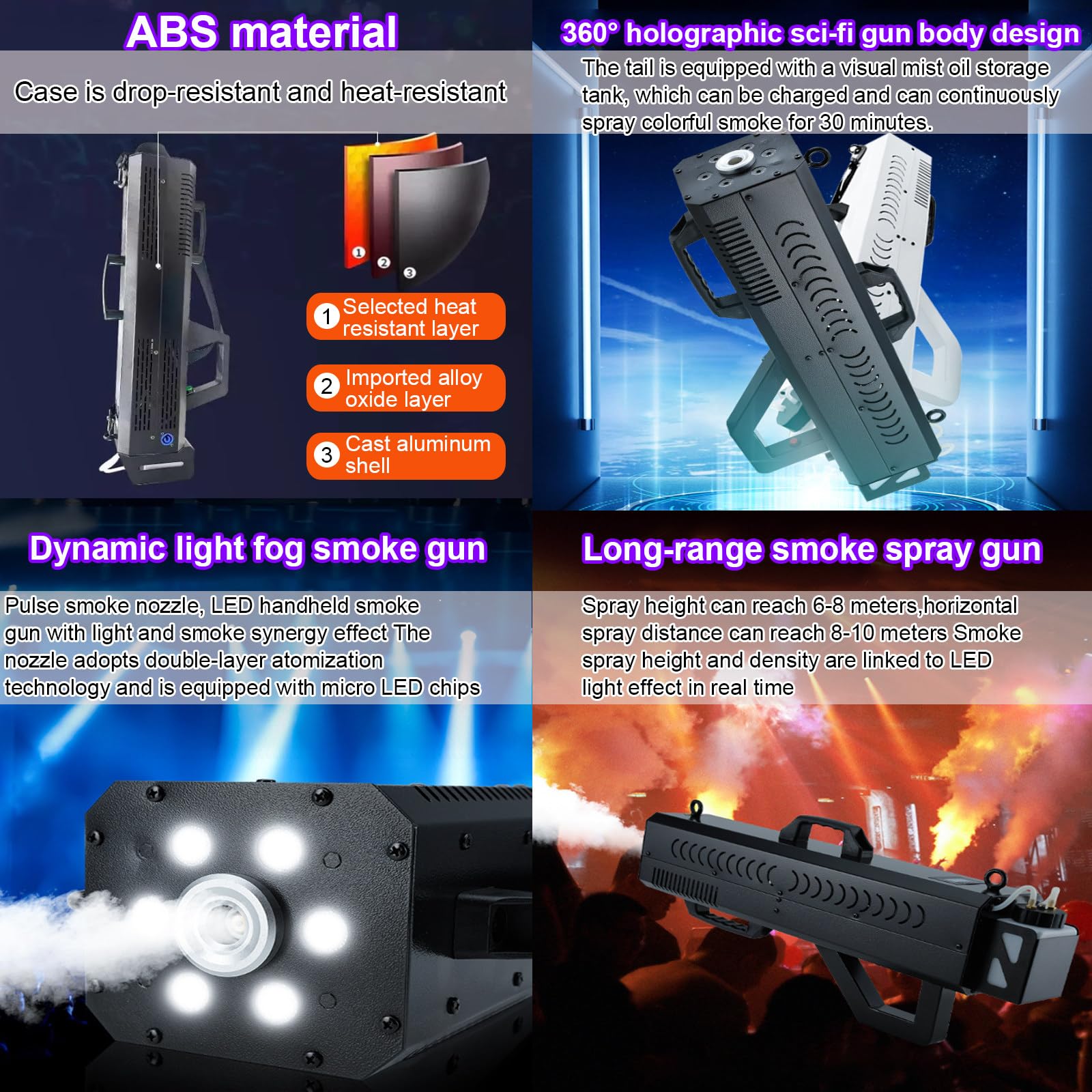 Macchina del fumo portatile, pistola d'atmosfera a LED, volume di fumo regolabile, effetti a 7 colori, distanza di spruzzo 8-10 metri per concerti, matrimoni, eventi