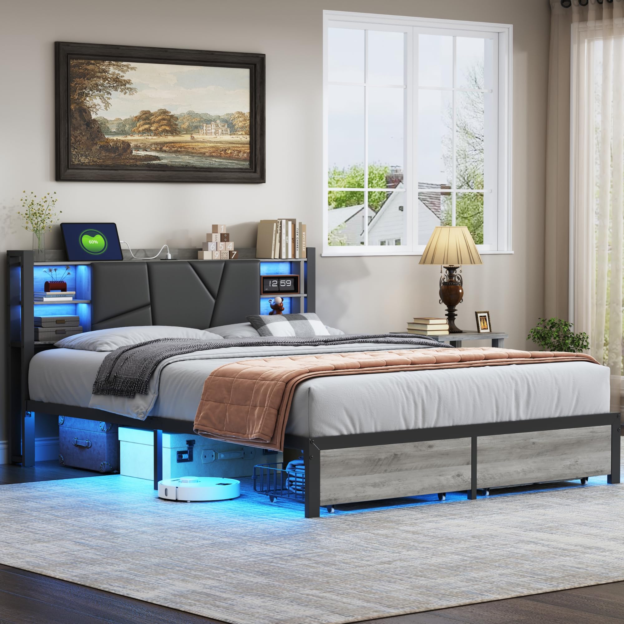Letto Matrimoniale 160 x 200 cm con 2 Cassetti, Letto imbottito con illuminazione a LED e ricarica USB, Moderno Struttura Letto in Metallo, PU, Nero, Senza materasso