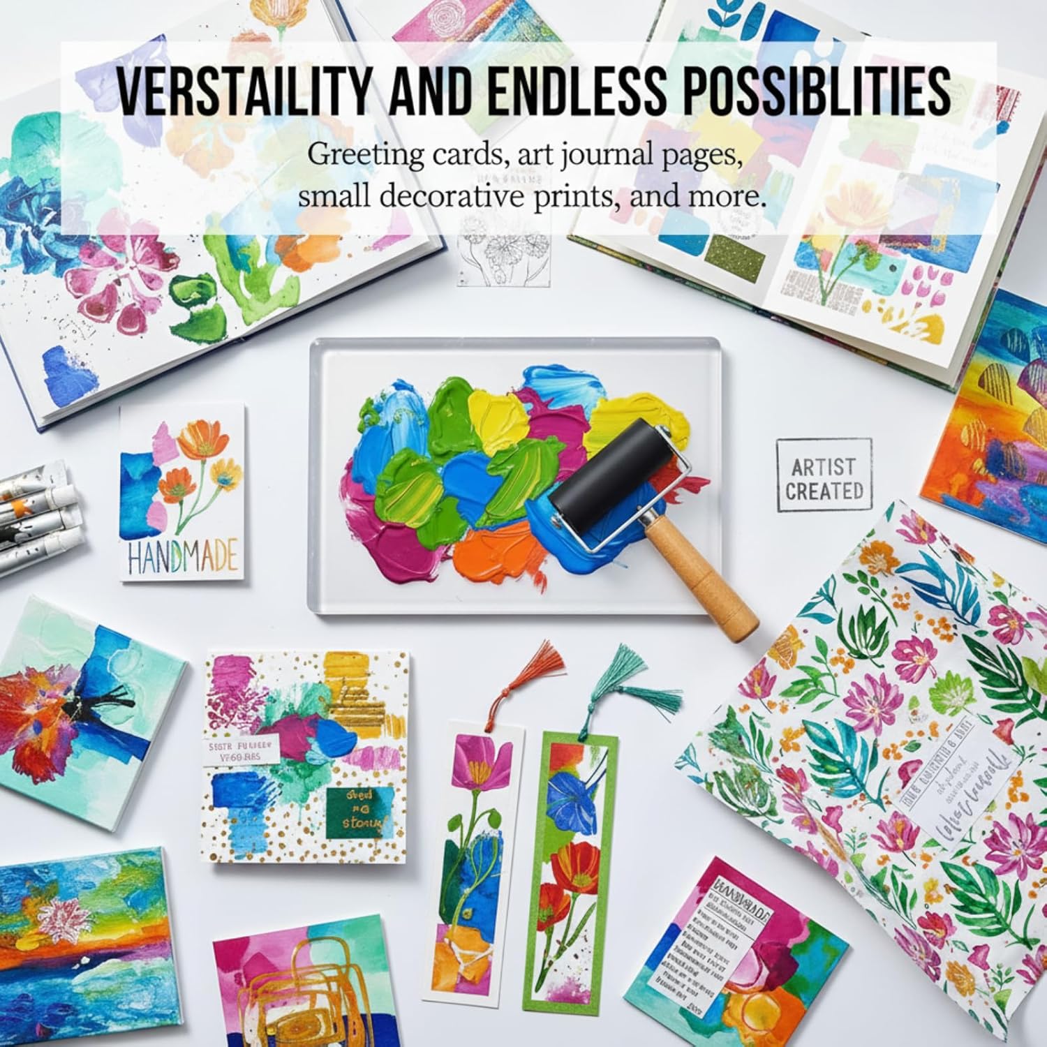 Fuyoooo 5" x 7" Gel Printing Plate Starter Kit - Beginner Monoprinting Set with Brayer, Stencils, Acrylic Paints & Printing Paper for Mixed Media Art & Card Making