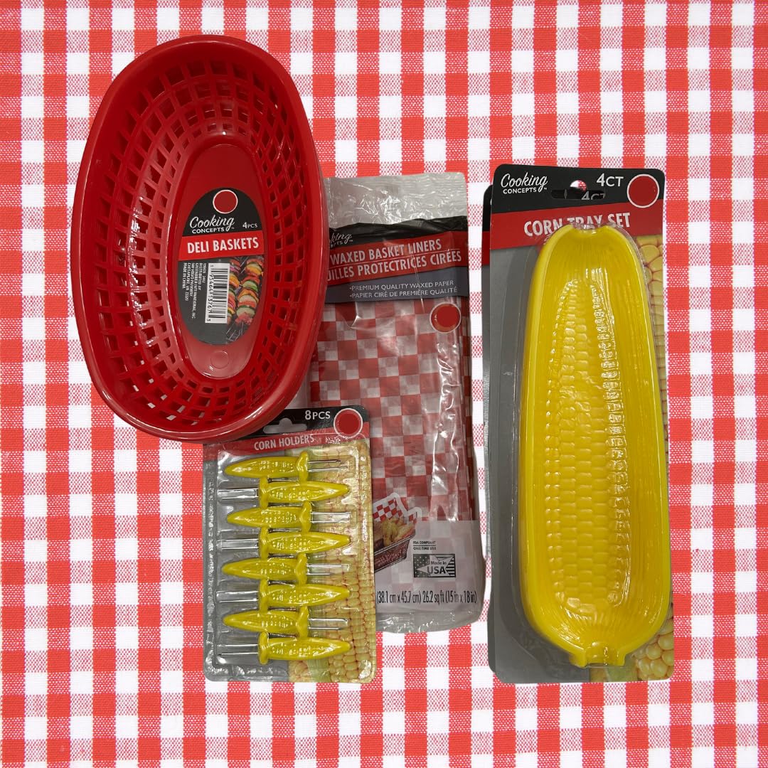 BBQ Cookout Serving Kit – 8 Red Food Baskets, Waxed Liners, 8 Corn Holders, 8 Corn Trays – 32+ Piece Summer Grill Set