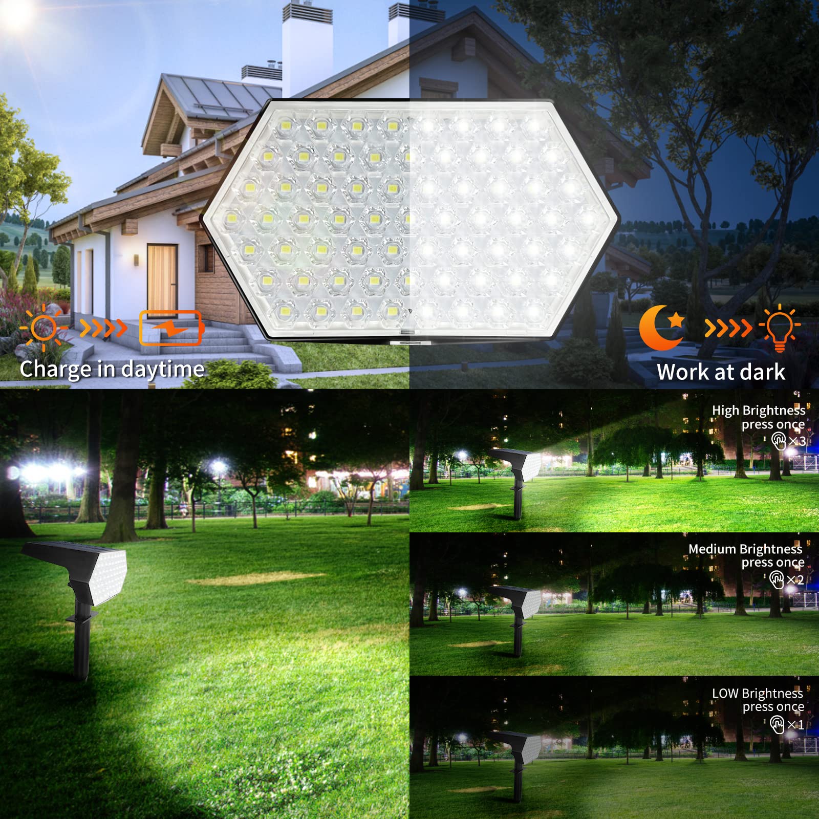 3 Pezzi/65LED Faretti Solari a LED da Esterno, 3 Livelli di Luminosità Lampade Luci Solari da Giardino Potenti, IP65 Impermeabile Lampada Lampioni Solare per Cortile, Alberi, Bianco Caldo