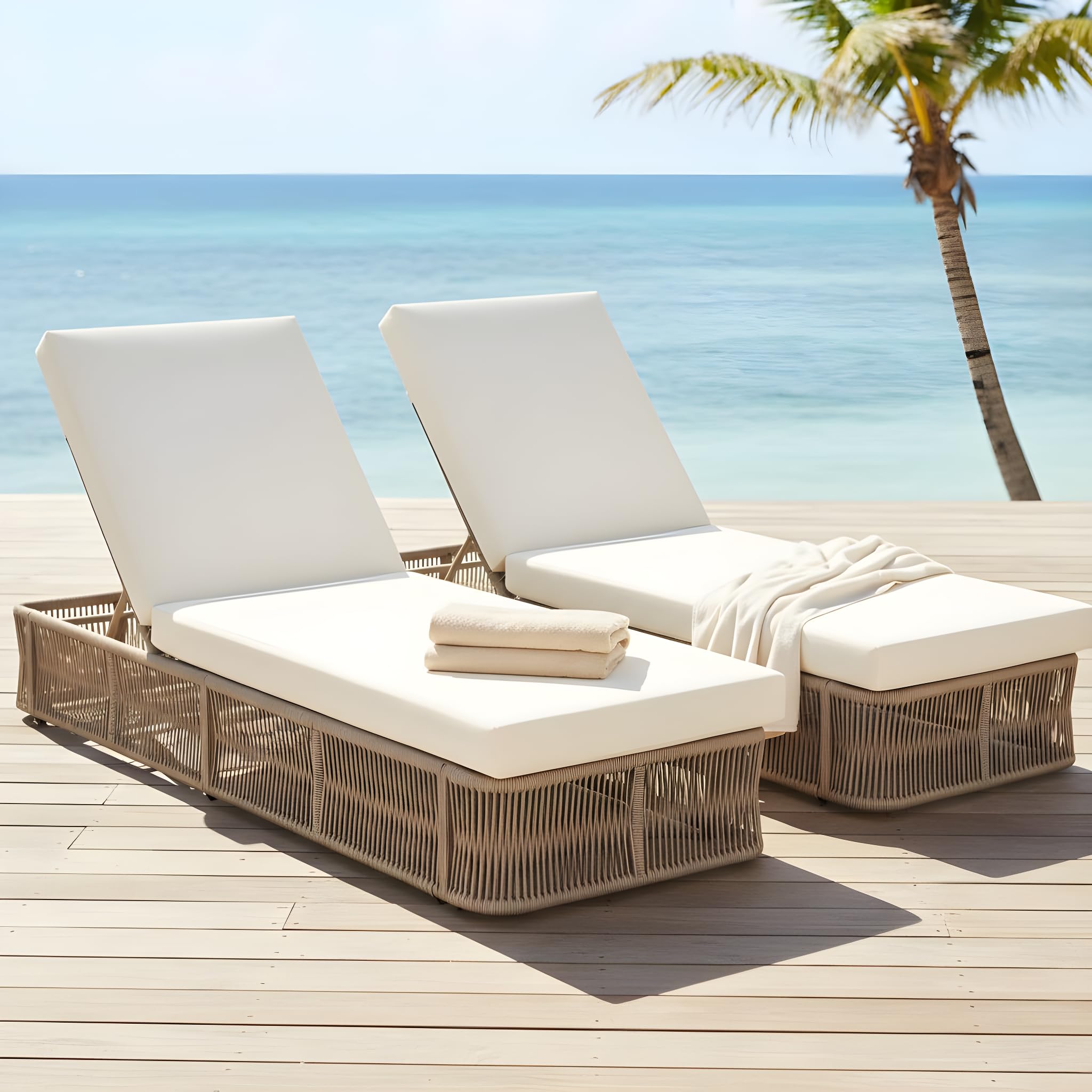 Photo 1 of Merax 2-Pieces Outdoor Chaise Lounge Chair Set – Adjustable Woven Rope Sun Lounger with 5-Position Backrest (Frame Only) – Modern Patio Furniture for Pool, Beach & Garden, Beige