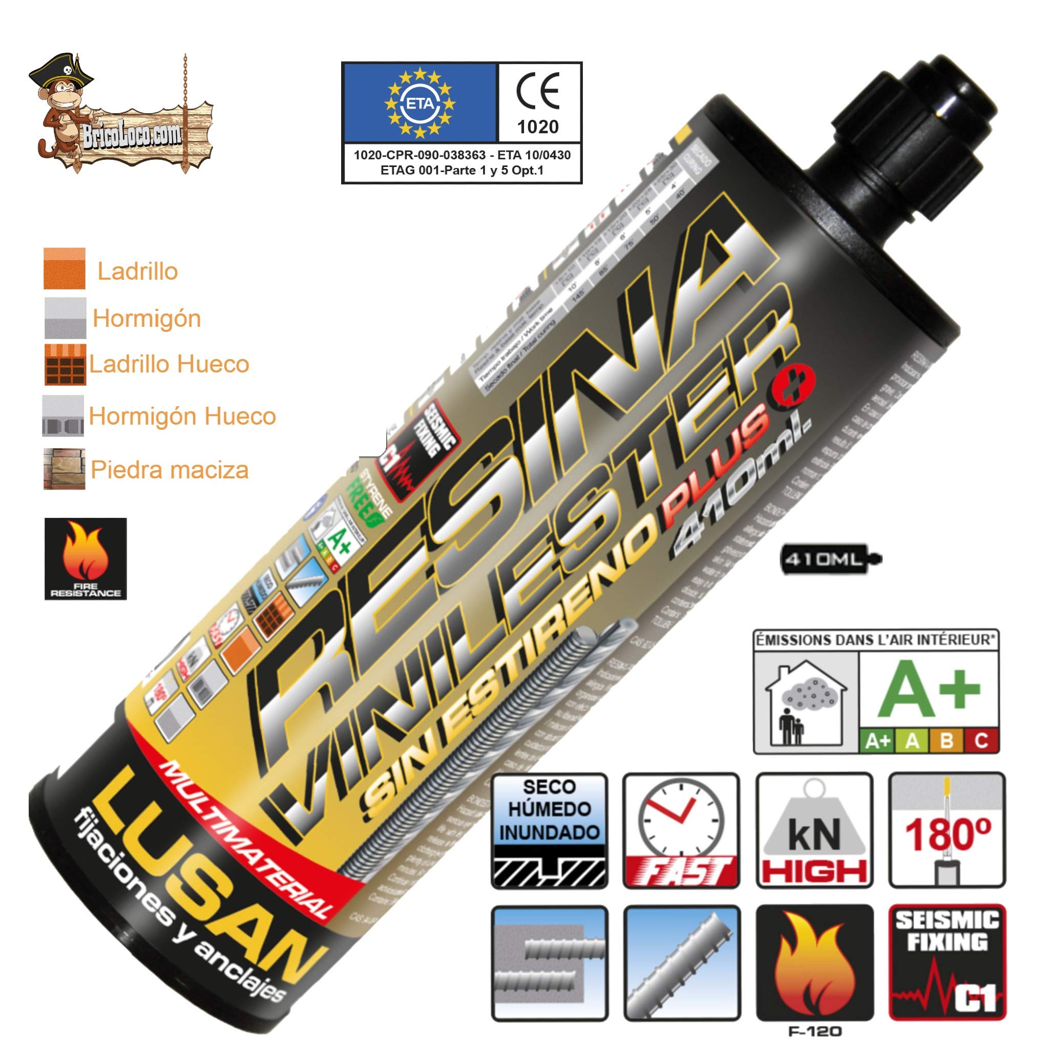 Bricoloco Caja 12 uds. Anclaje Resina Máxima Calidad Vinilester Plus Altas Prestaciones |Taco Químico 410 ML. Sin Estireno |Normativa CE 1020 OP-1 movimientos sísmicos y Resistencia al Fuego (F120)