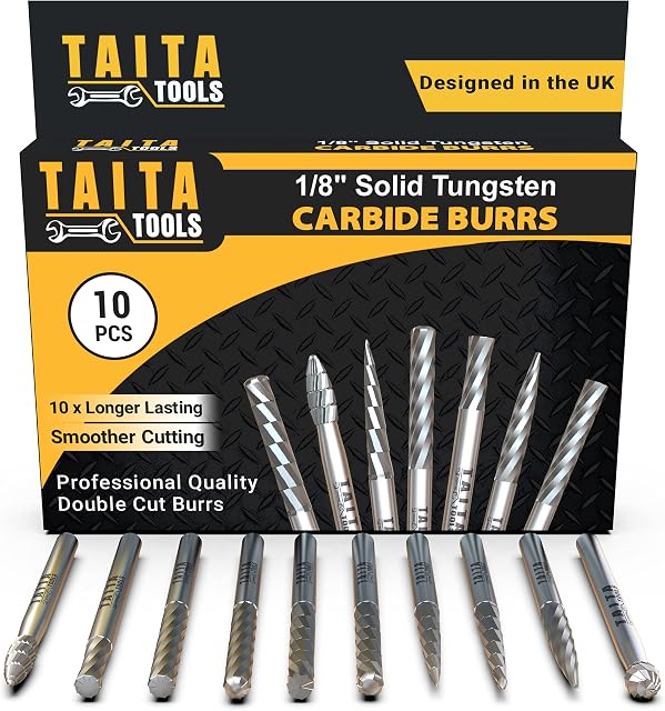 10PC Double Cut Carbide Burr Set - 0.118" (3mm) Shank, Rotary Tool Cutting Burrs - Dremel Accessories, Fordom, Flex Shaft, Dewalt And Die Grinders - For Wood Carving, Metal Working And Engraving.