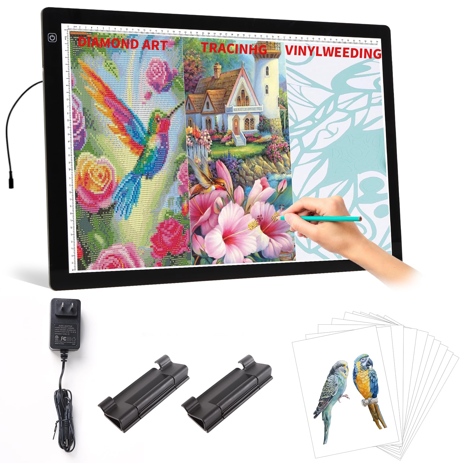 YINGWOND A2 Light Pad for Diamond Painting with Fixed Charging Cord, 3 Levels of Brightness, Big Paper Clamps and 12V Adapter, Uniformly Illuminated Light Board for Tracing Drawing and Weeding Vinyl