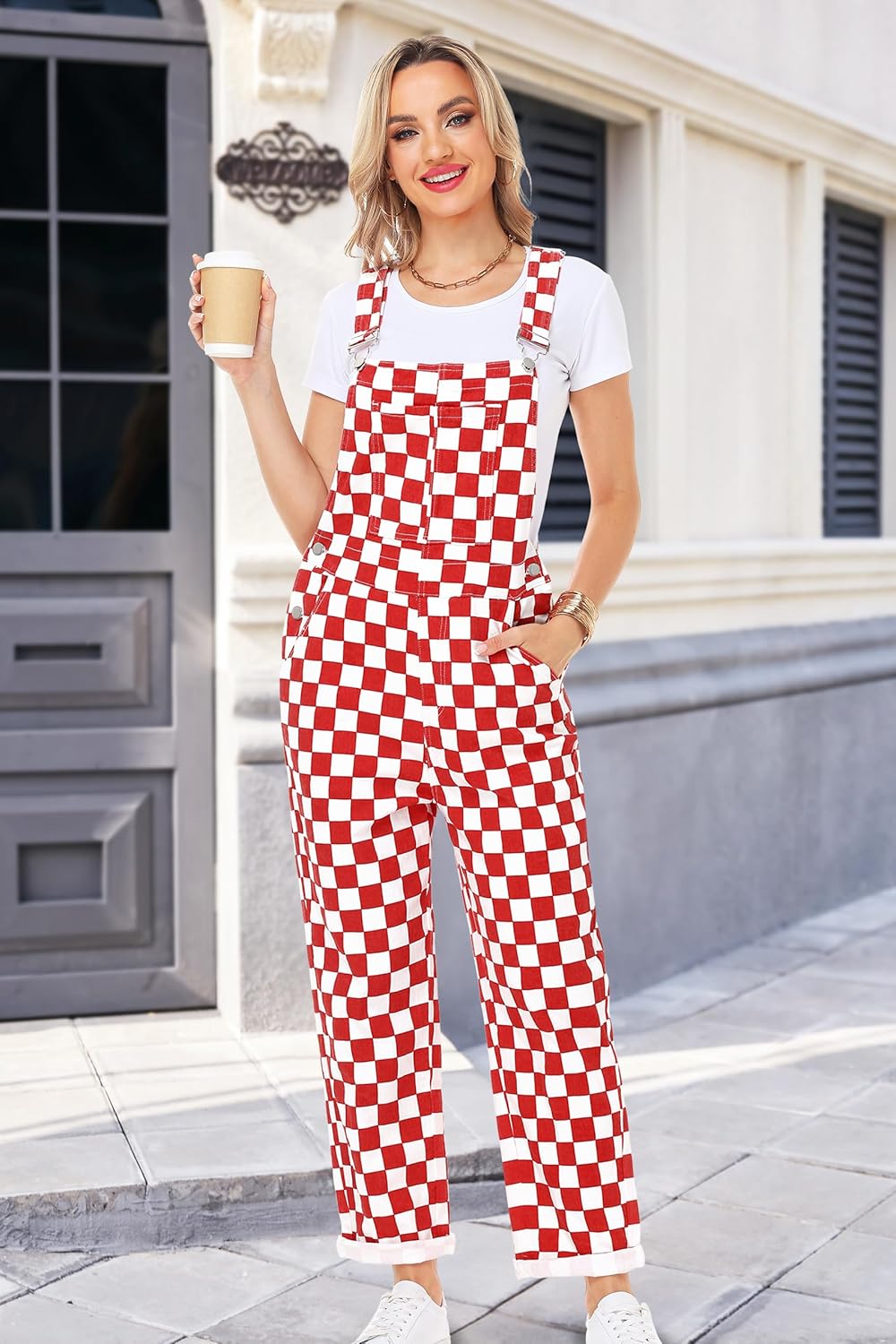 Womens Checkered Bibs Overalls Cotton Denim Coveralls Stretch Jeans Jumpsuit - Image 2