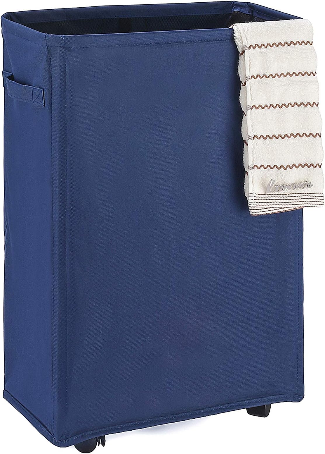 Caroeas 22" Slim Rolling Laundry Basket Waterproof Laundry Storage Hamper Corner Fittable Storage Bag Collapsible Rolling Hamper Flexible Laundry Bag On Wheel For Home,Office (Slim 22",Navy Blue)