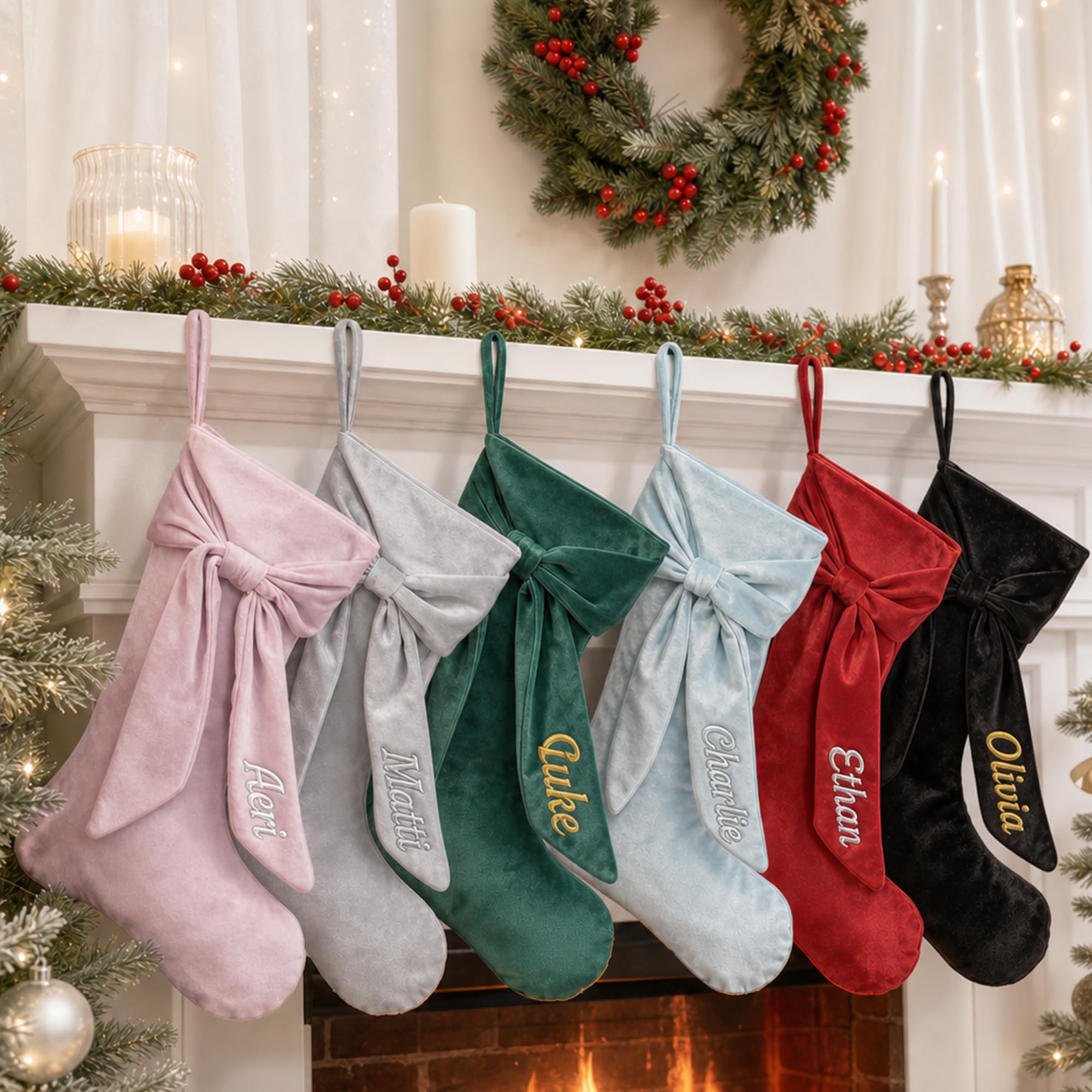 mememom Personalised Christmas Stockings with Name, Luxury Velvet Xmas Stocking with 3D Ribbon Bow, Large 16inch Custom Embroidered Hanging Stockings for Fireplace Tree Family Decor (Style 17-2 Pack)
