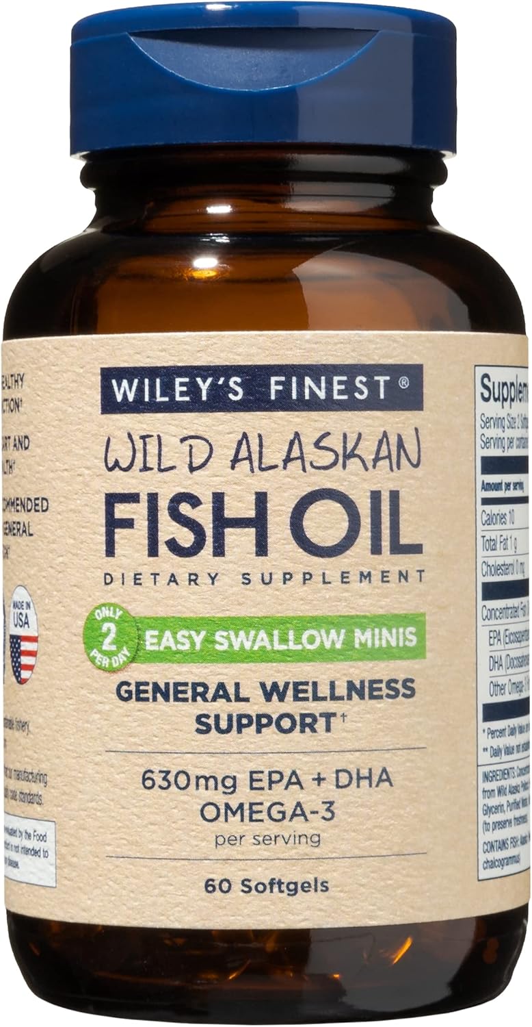 Wiley’s Finest Wild Alaskan Fish Oil Easy Swallow Minis – Omega-3 Fish Oil Supplement for Adults and Kids – Double-Strength 630mg EPA and DHA Natural Supplement – 60 Mini Softgels (30 Servings)