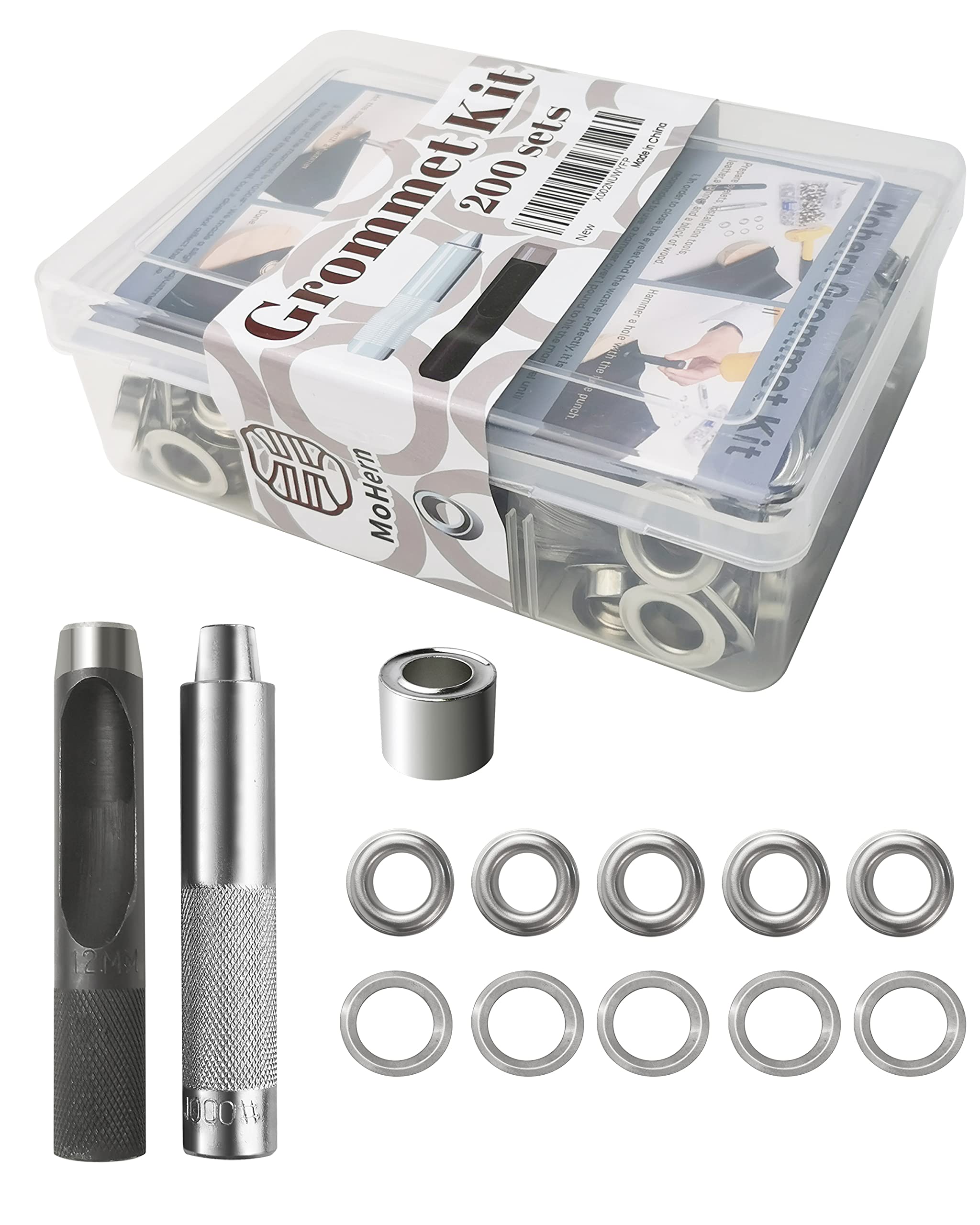 Grommet Tool Kit 1/2 Inch, 200 Sets Eyelets and Grommets and 3 Pieces