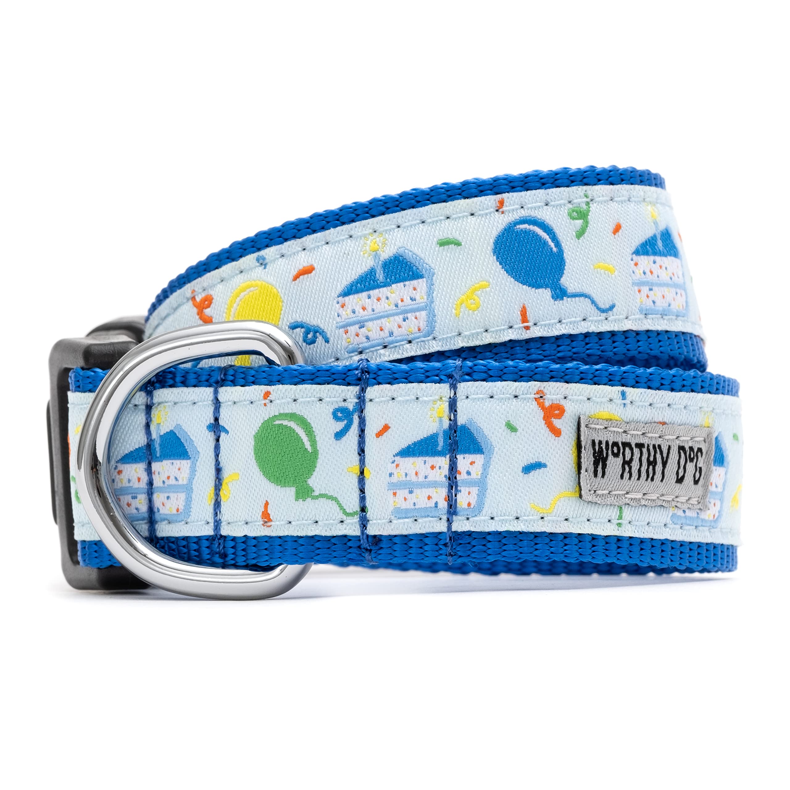 The Worthy Dog's Festive Birthday Adjustable Collar in Blue: Pet Party Accessories Fun Bow Attachment and D-Ring for Dogs Large Size