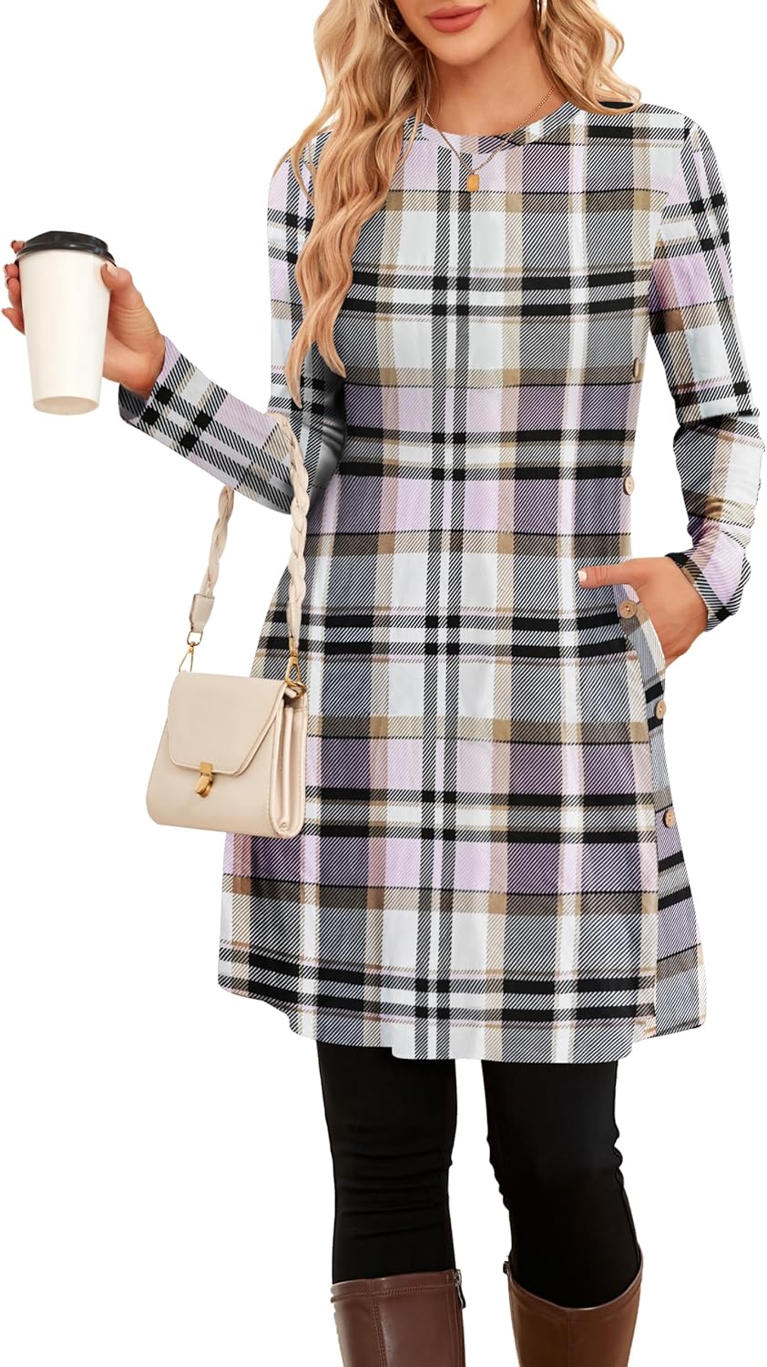 Donna Abito Shift Con Tasche Girocollo Manica Lunga Tunica Taglie - Foto 8