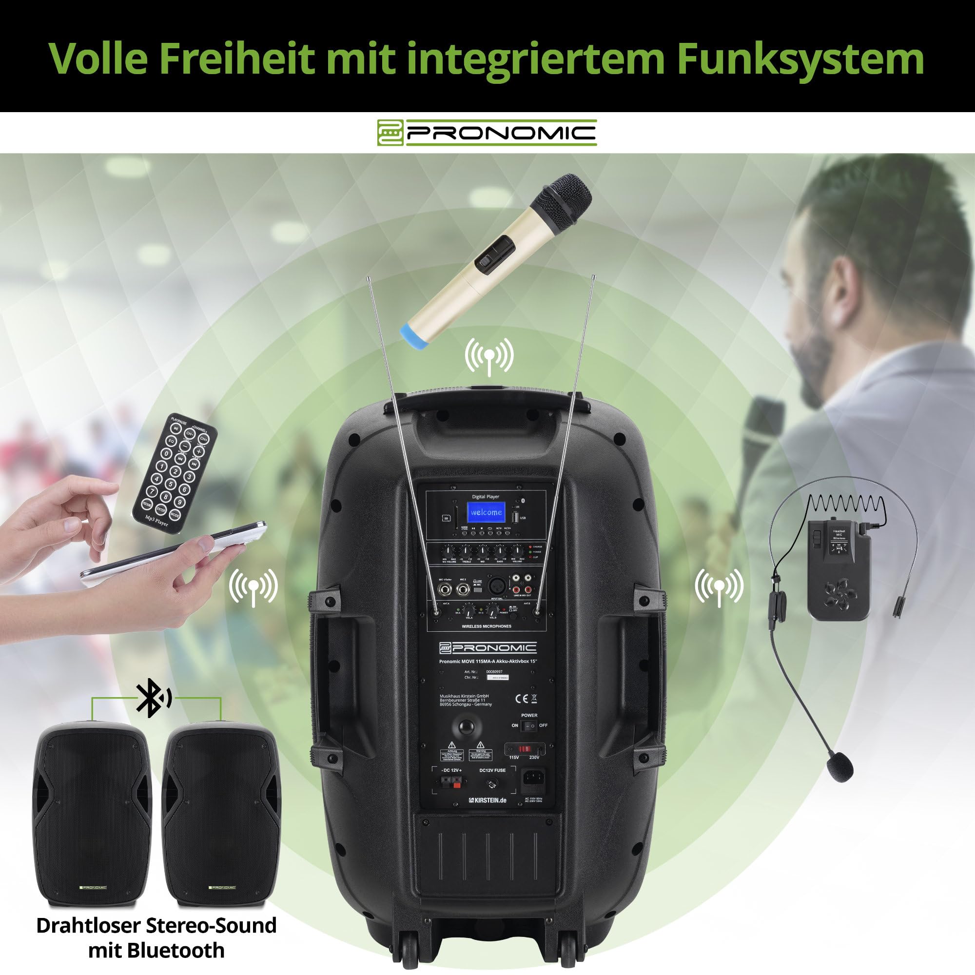 Pronomic Move 15" Partybox - Mobile PA-Anlage Bluetooth Lautsprecher TWS - Musikbox mit leistungsstarkem Akku - Leistung 30W (RMS) - Set inkl. Aktivbox, Funkmikrofon, Headset und Fernbedienung
