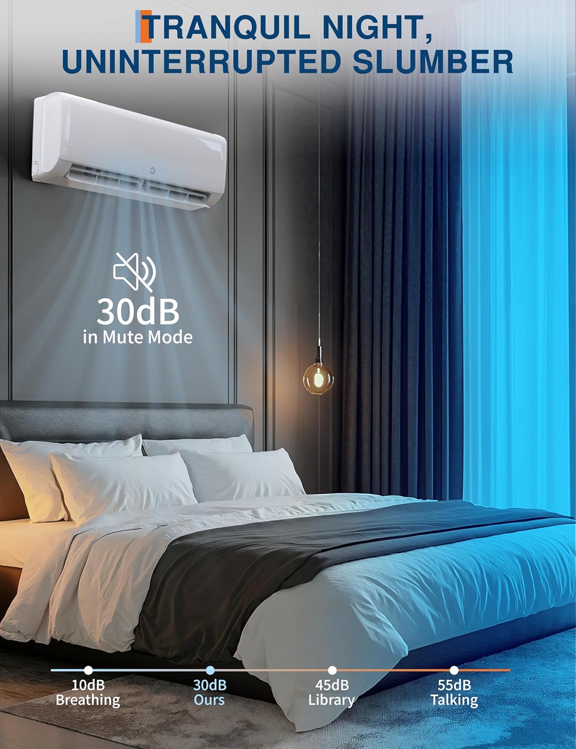 Bedroom scene with the GarveeTech Mini Split AC unit operating quietly at 30dB in mute mode, illustrating a tranquil night.