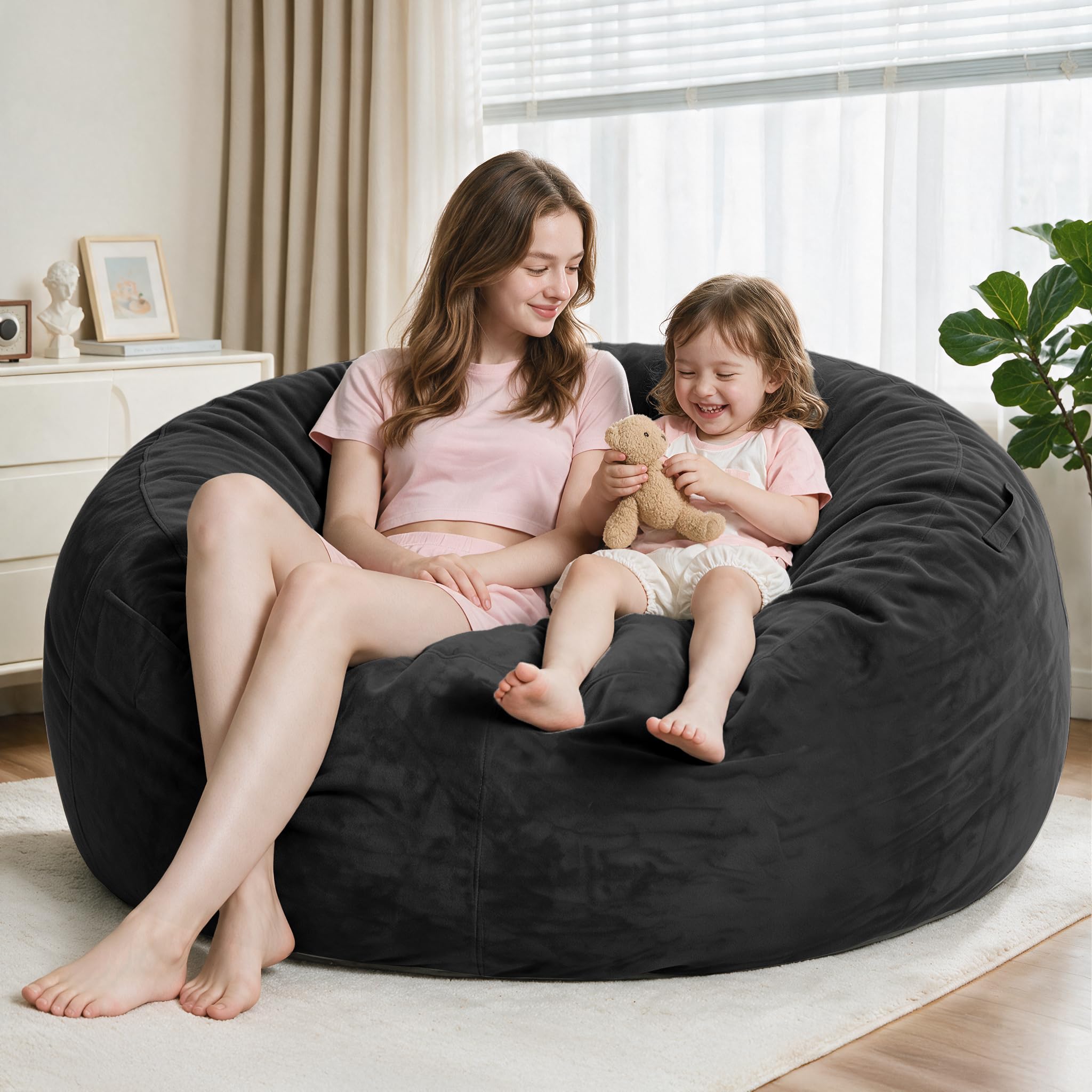 Homguava Puf gigante de 5 pies con relleno de espuma viscoelástica, cómodo puf para adultos, con funda de terciopelo holandés para sala de estar, dormitorio, color negro
