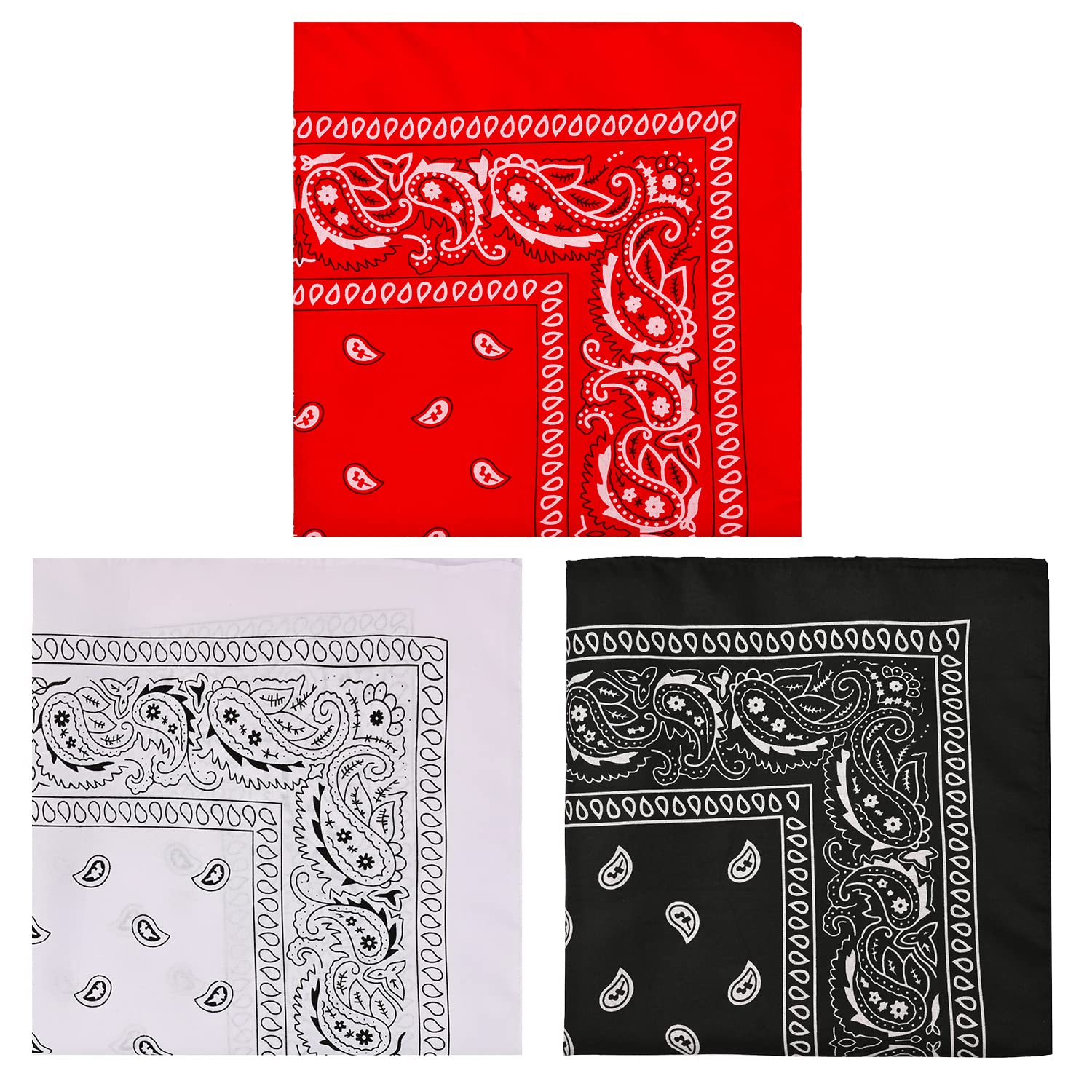 Lezevn 3 Pcs Paisley Bandana Scarf Headband Red White Black Headband Scarf Headwear Scarf Cotton Cowboy Handkerchief (Black,White,Red)