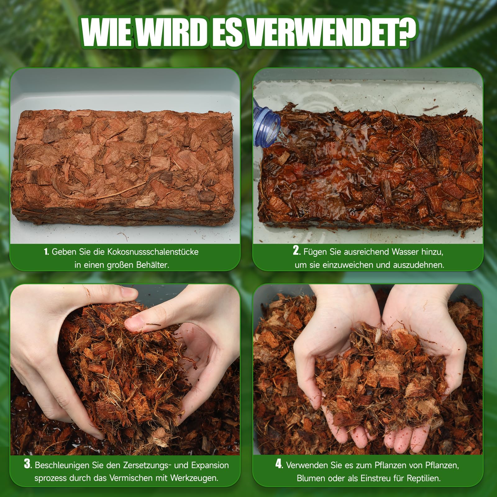 Kokoschips Pflanzen Substrat, Bio Kokosnussschalenziegel mit niedrigem EC- und pH-Ausgleich, leicht erweiterbares Kokosfaser-Mulchmedium für Gartenblumen & Reptilienbeete (6 Stück)