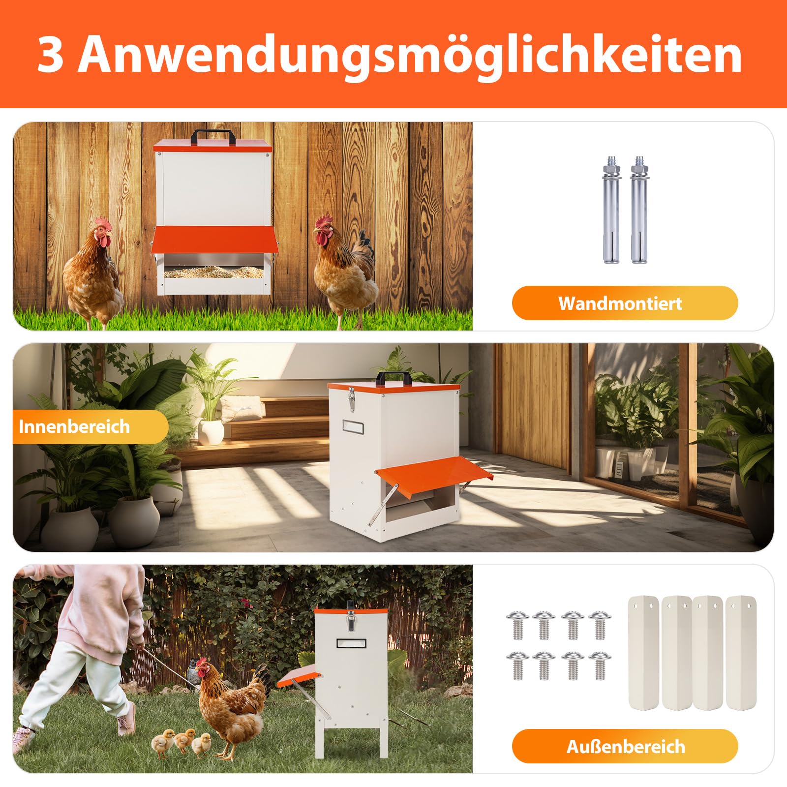 Automatischer Futterautomat Hühner Wandmontierter Geflügelfutterautomat, kein Abfallgeflügelfutterautomat, Hochbelastbarer Regenfester Futterautomat für Hühner, Enten, Gänseputen
