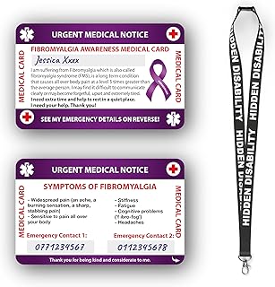 Fibromyalgia Medical Card, Fibromyalgia Card with Writable Panel and Patterned Lanyard, Fibromyalgia Emergency Contact Card. (Fibromyalgia Card & Hidden Disability Black Lanyard)