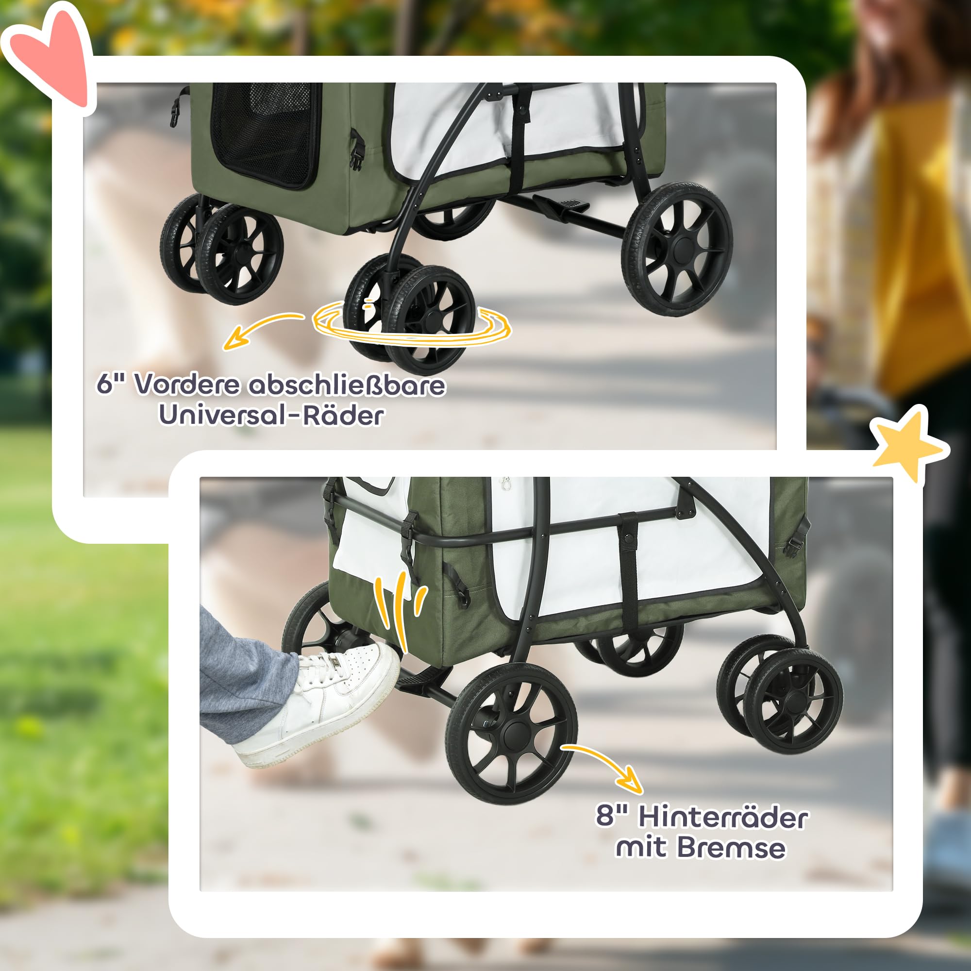 PawHut Carrito plegable para perros y gatos de hasta 10 kg, con cojín, ventanas de red, puertas, cesta de almacenamiento, color verde oscuro