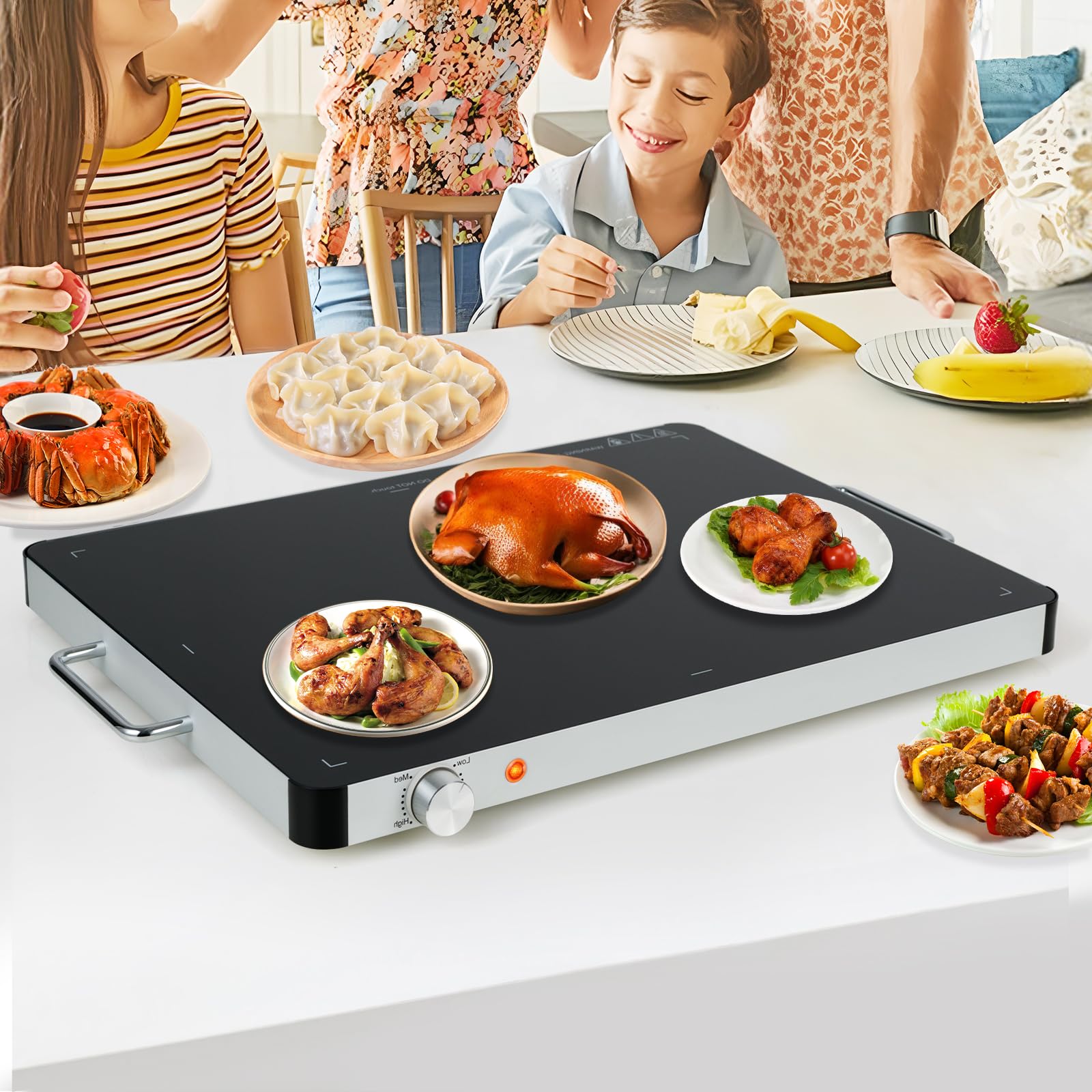 SOARS Chauffe Plat Électrique 400 W, Buffet Chauffant Température Réglable de 30-120℃, Plateau 52 X 39 CM, avec Poignée Cool-Touch, Surface en Verre Trempé, pour Diverses Tablewar, Maison, Fêtes