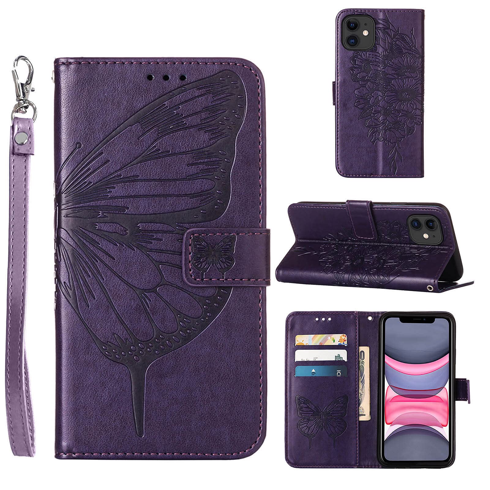 Compatible for iPhone 11 Wallet Case,[Card Holder Slots][Kickstand][Wrist Strap] Butterfly Floral Embossed PU Leather Flip Protective Cover for iPhone 11 Cases Women (Purple)