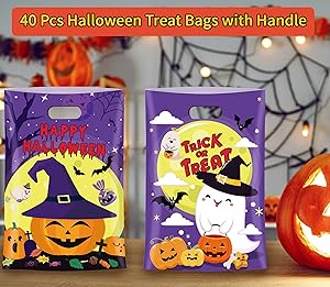 40 Pcs Happy Halloween Treat Bags With Handles - Assorted Trick-or-Treat Goodie Bags, Party Favor Plastic Candy Container, Cute Ghost Pumpkin Design for Classroom Decorations
