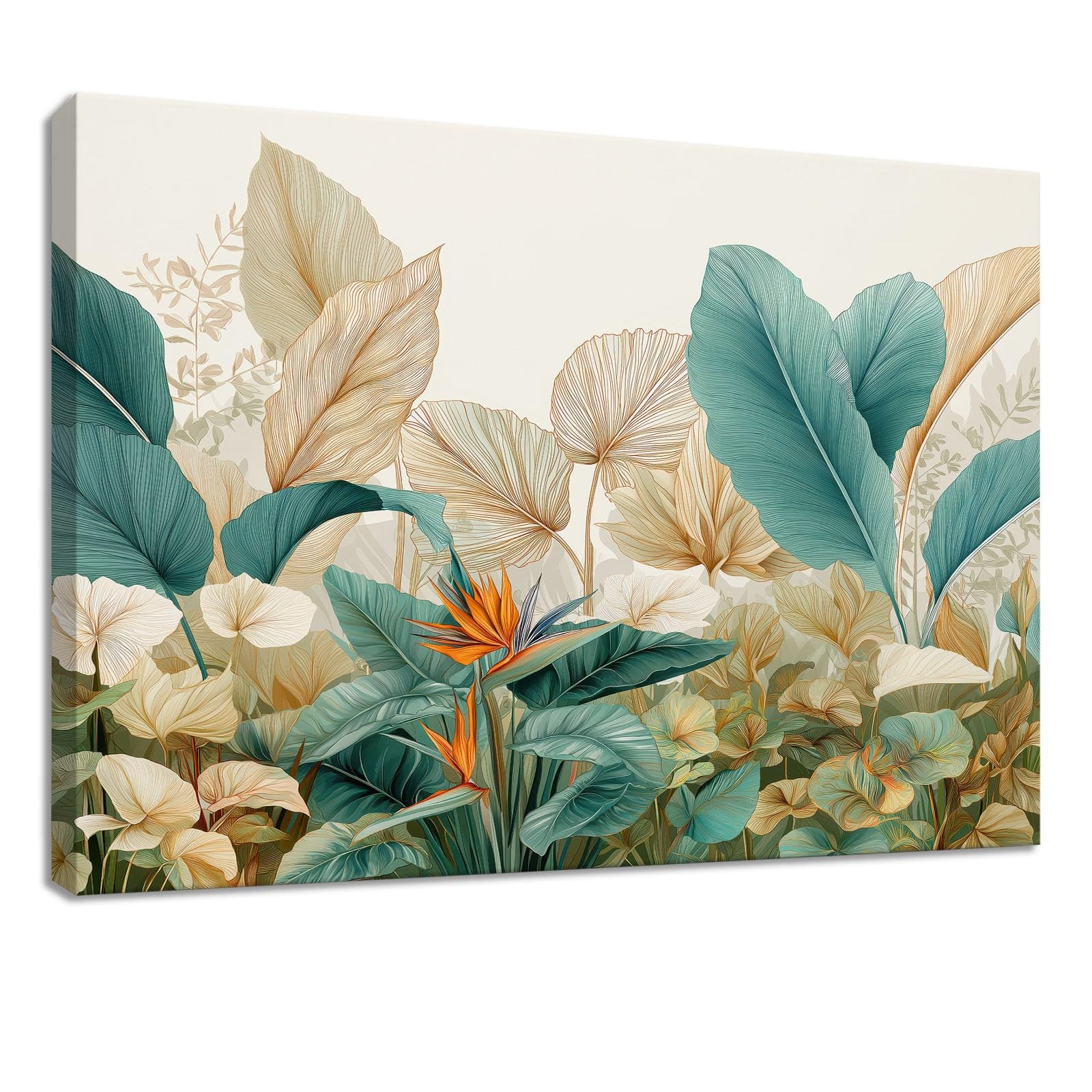 Genérico Impresión sobre lienzo Vintage Cuadro Decoracion Pared Pintura 120 x 80 cm Beige Planta Jungle Hojas - Carteles Arte para Salón, Dormitorio, Cocina, Oficina