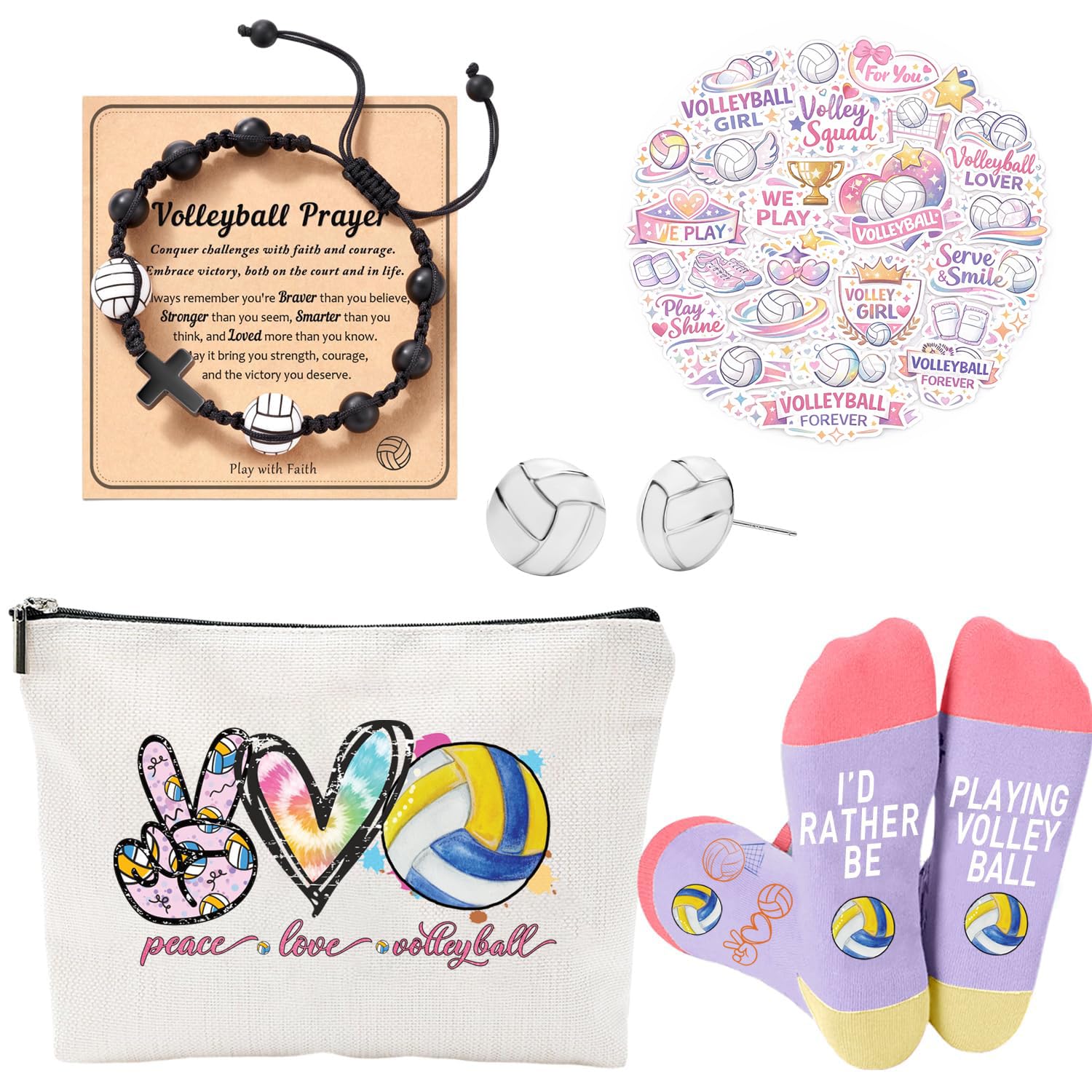 Flotreif Volleyball Gifts for Girls, Cute Volleyball Gift Set with Socks, Earrings, Makeup Bag & Stickers, Teen Girl Volleyball Player Birthday Gifts