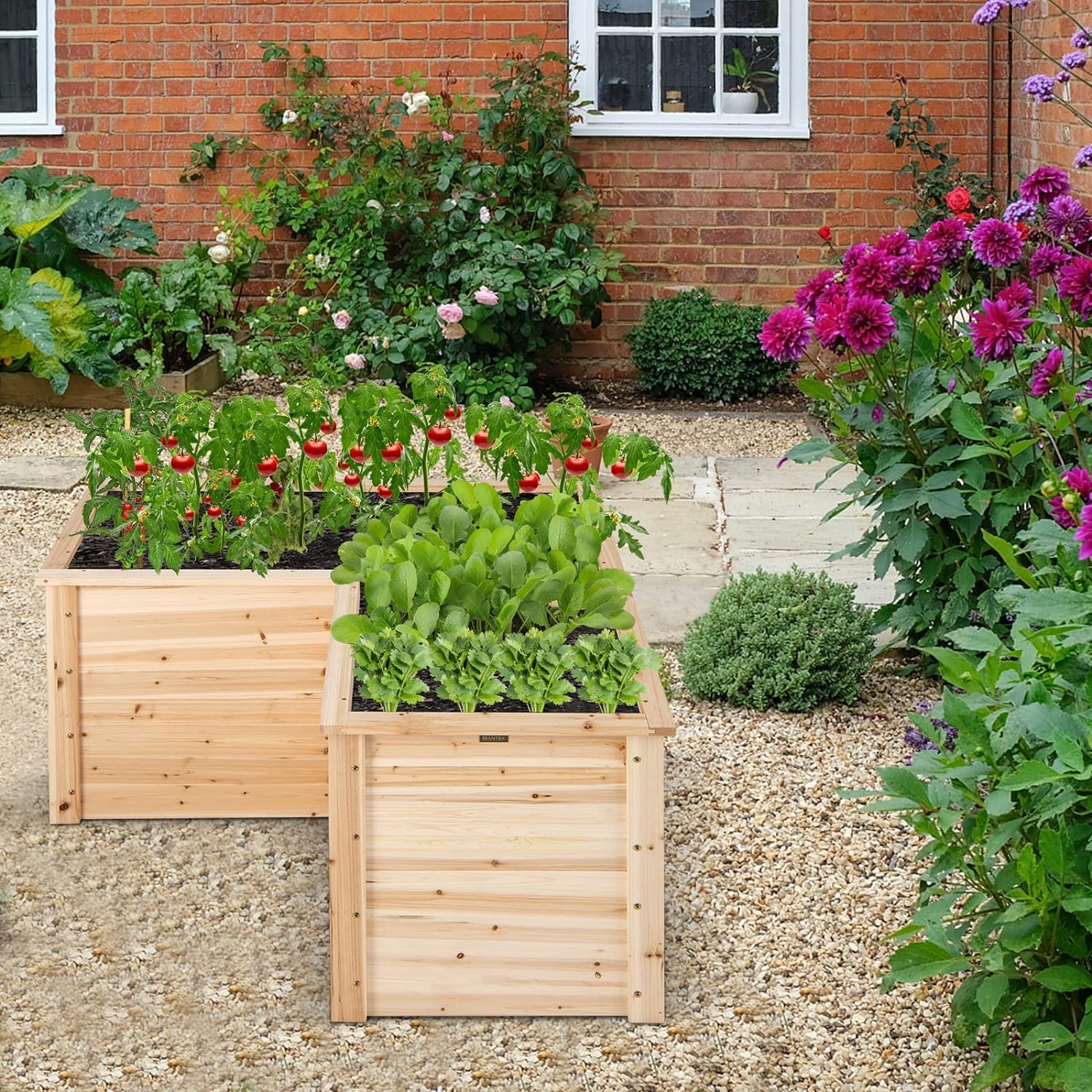 GOPLUS Carré Potager en Bois Haut, Jardinière en Forme de L avec Base Ouverte pour Légumes, Fruits, Fleurs, 120 x 120 x 63 CM, Bac Potager Extérieur pour Balcon, Terrasse, Jardin (Naturel)