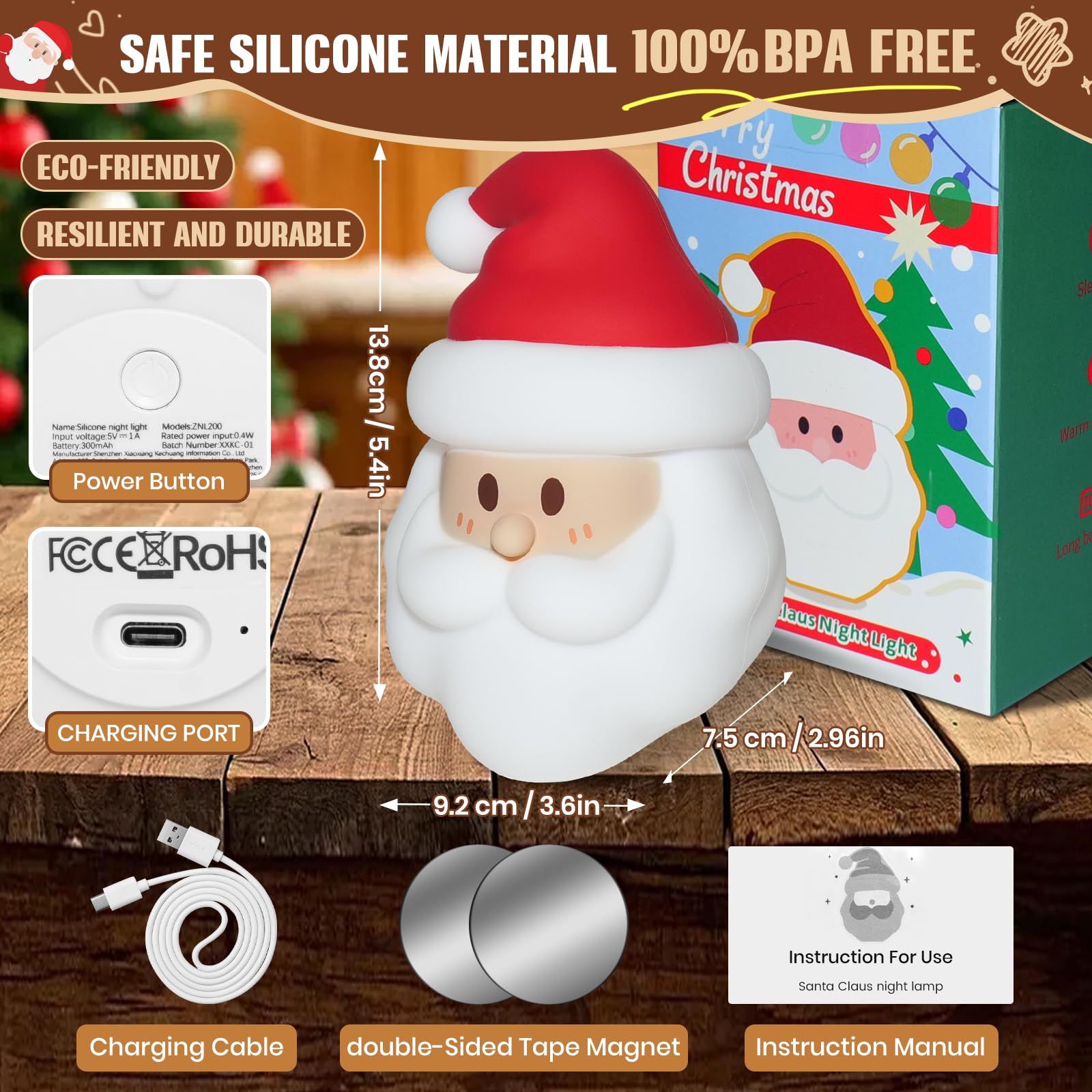 Linda luz nocturna de Papá Noel, lámpara de noche de silicona para guardería, regulable, recargable, regalo de Navidad divertido para niños, lámpara activada por tacto, decoración de Navidad