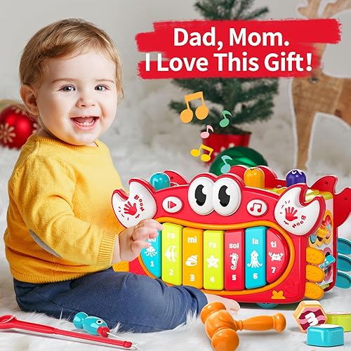 Miniatura 7 de Juguetes Montessori de cangrejo 12 en 1 para niños de 1 año, juguetes martilladores con música y luces, cubo de actividades ocupadas juguetes