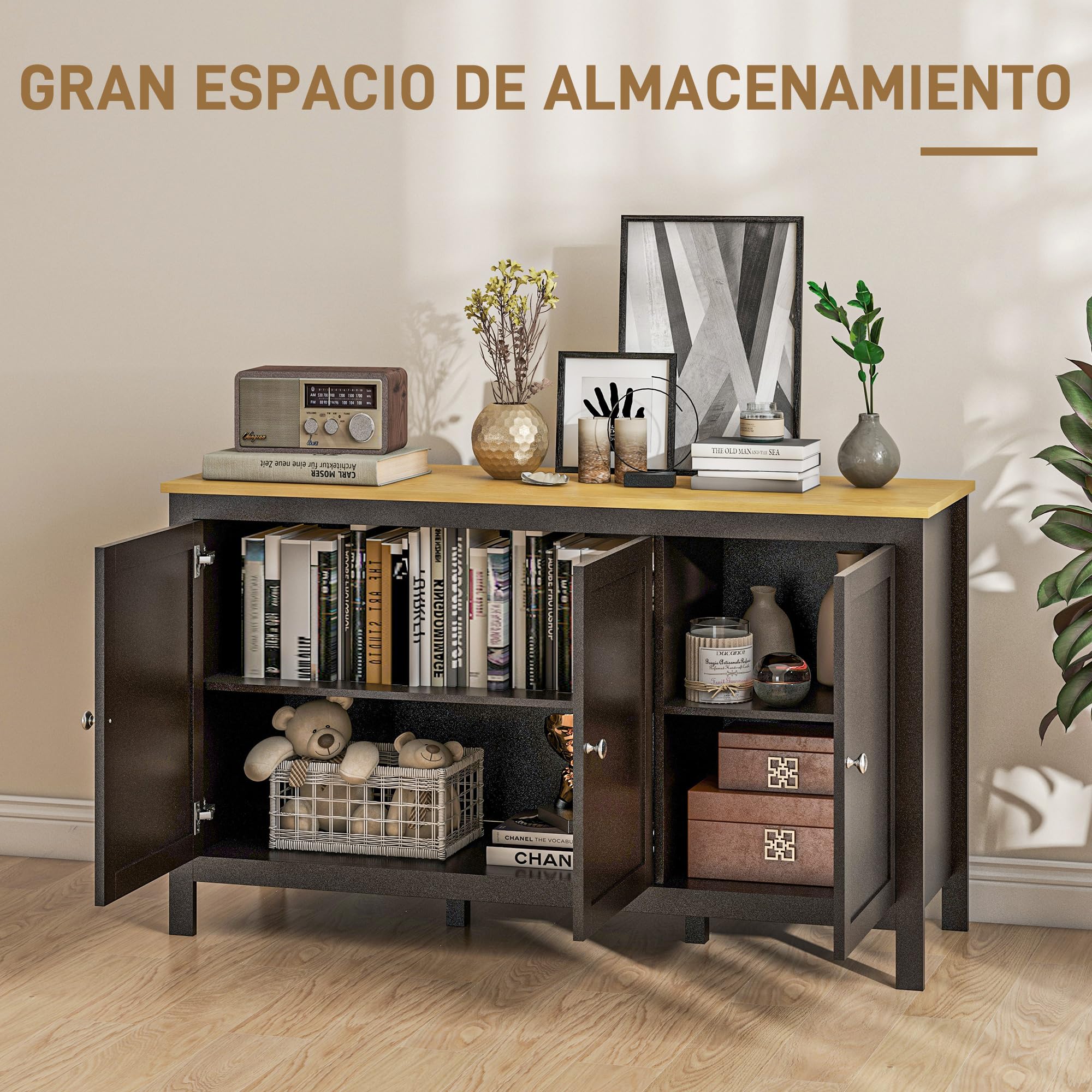 HOMCOM Aparador de 3 Puertas con Estantes Ajustables 120x40x70 cm Negro | Aparador de Salón, para Cocina, Entrada, Comedor, Dormitorio