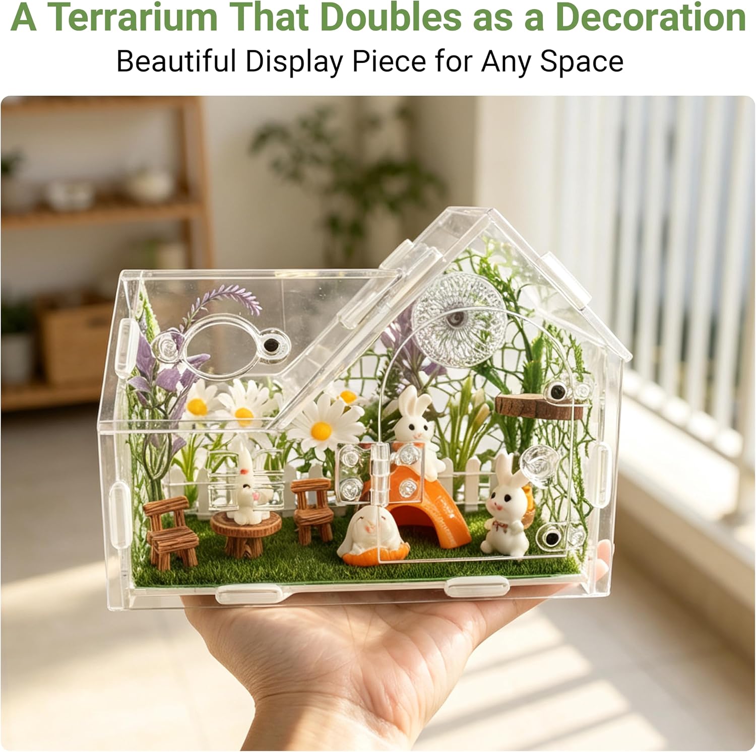 25-in-1 Acrylic Jumping Spider Enclosure Kit | House-shaped terrarium, magnetic front door, feeding port, 1mm ventilation holes, complete decor set