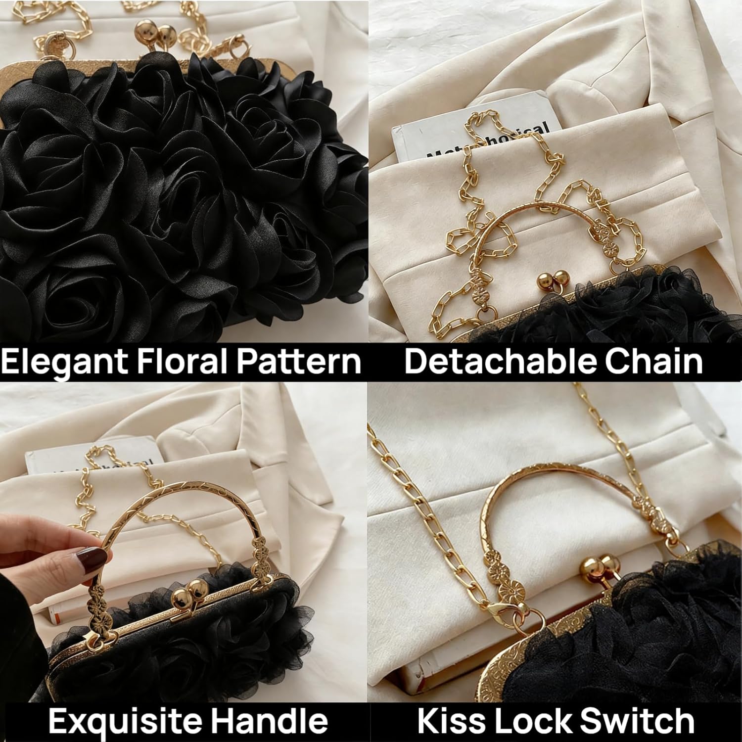 2026 Elegant Rose Clutch for Women Floral Kiss Lock Evening Bag Cute Flower Formal Purse For Wedding