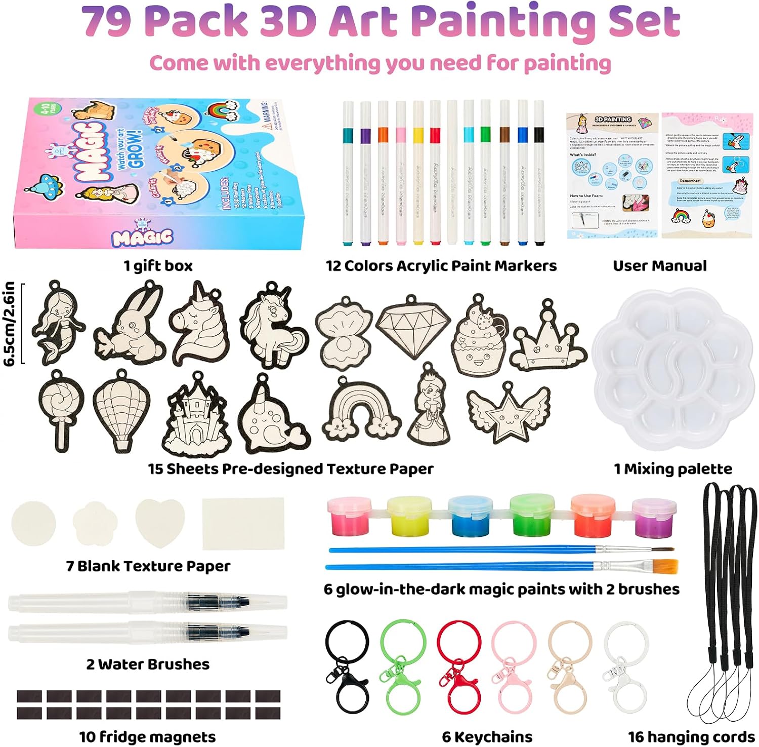 Bafeil Magic Puffy Paint Kit - Aqua Puffs 3D Art Set Princesses & Unicorns Themes, Glow in The Dark Whipped Paint Kit with Foam Texture Paper, Pens for Birthday Easter Gift Crafts Activities