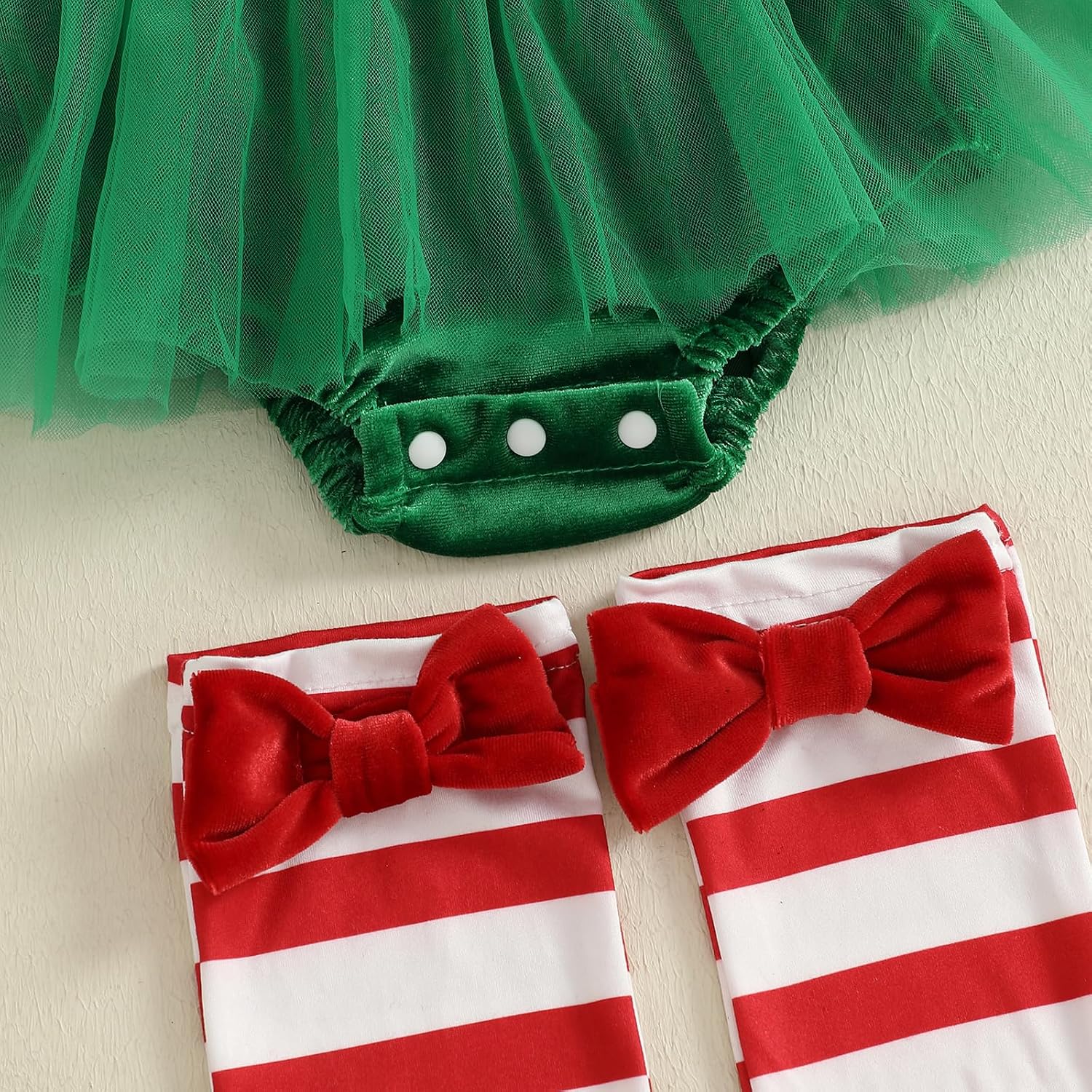 Baby Girls 1st Christmas Outfit Velvet Romper Tulle Dress Striped Stockings Santa Hat 3PCS Newborn Infant Clothes Set