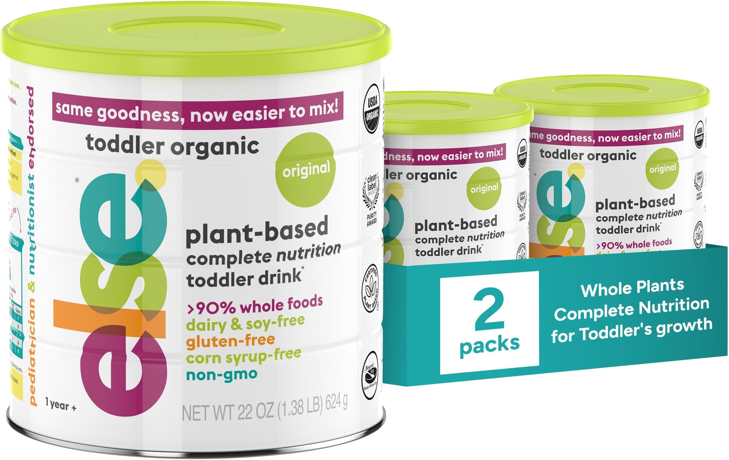 Else Nutrition Organic Toddler Formula, Plant-Based Original Nutritional Drink 12–36 Months Dairy & Soy Free, Supports Immunity & Balanced Growth, 20+ Essential Vitamins | Made in US (22oz, Pack of 2)