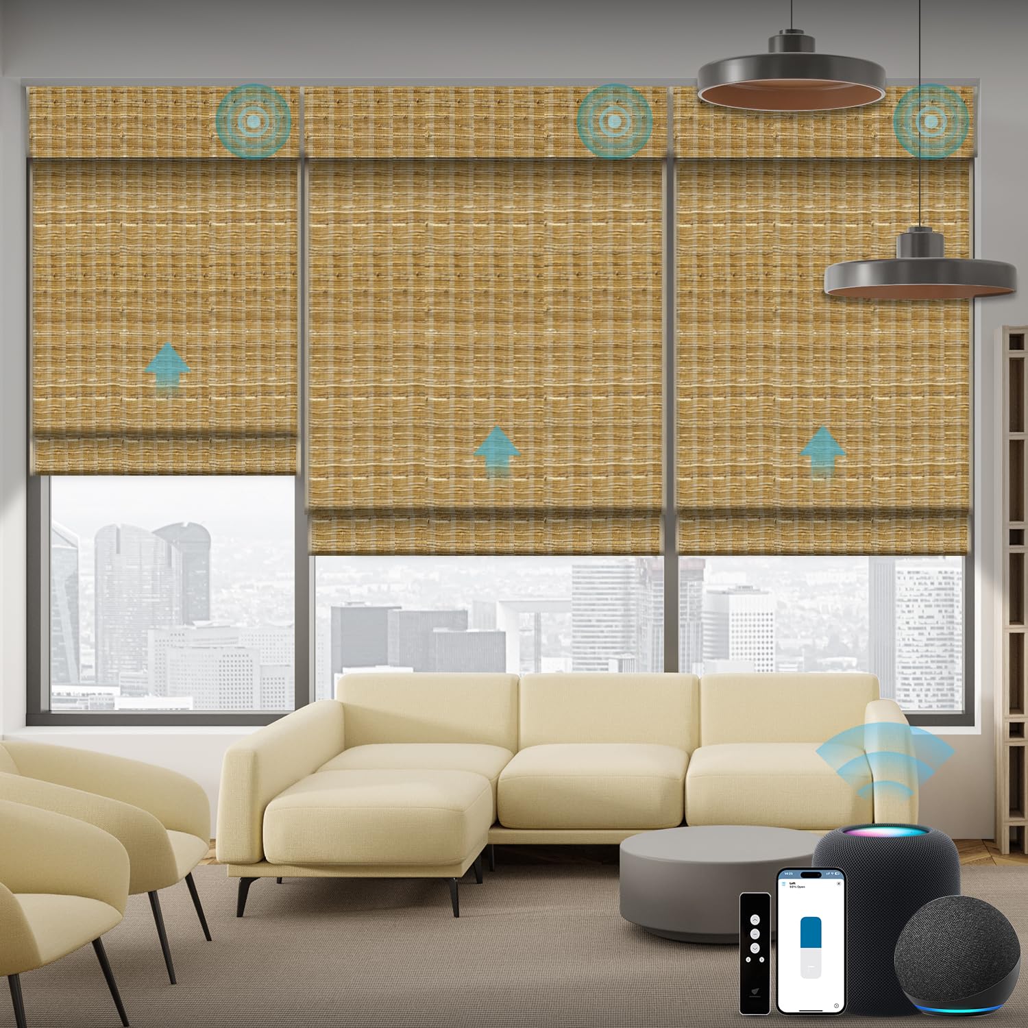SmartWings Motorized Natural Woven Wood Blinds for Windows, Electric Auto Roman Shades with Remote for Sliding Doors, Compatitable with Alexa/Homekit/Google Home, Customized, Bamboo Jute 903