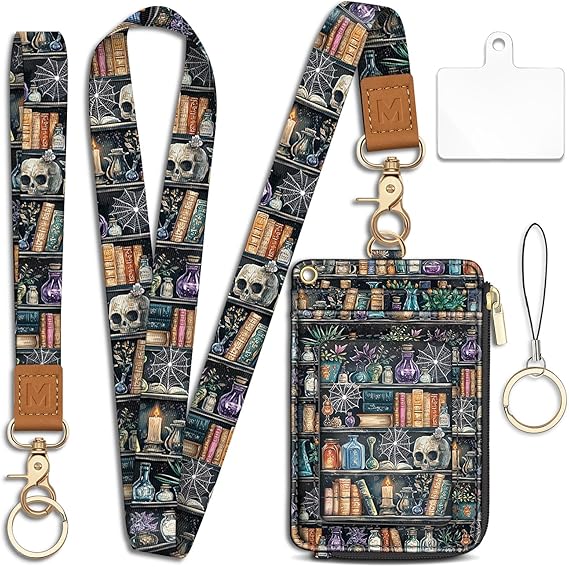 Goth Bookshelf Skull Lanyard Wallet with ID Badge Holder, Witchy Small RFID Wallet Women Keychain Wristlet, Slim Credit Card Holder with Zipper Pocket Phone Lanyard Wrist Strap Name Tag Office Teacher